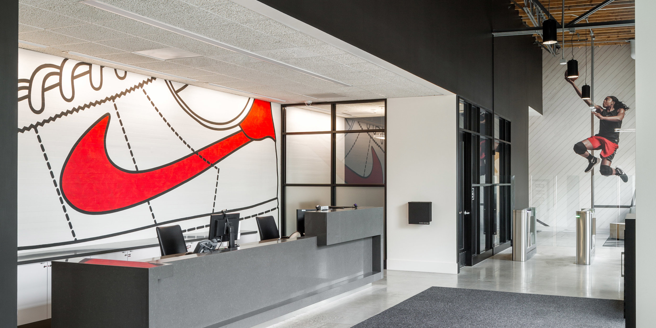 Hand-painted graphic behind the lobby desk