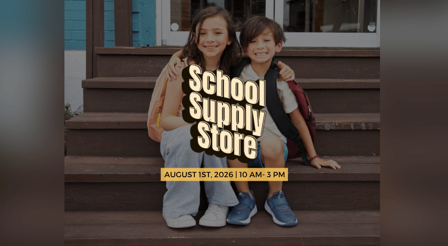 Two Children Smiling with backpacks they received from the school supply store. Along with the logo and times of the event,