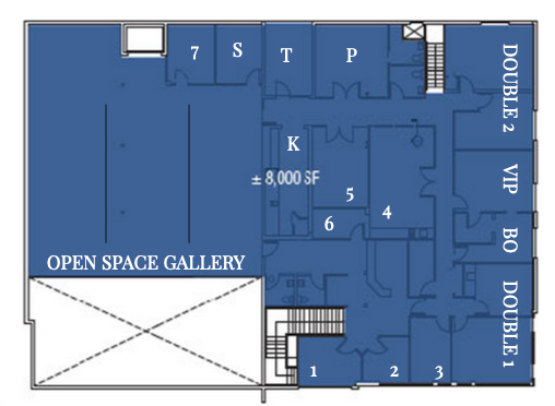 SECOND FLOOR S - Storage | P - Private K - Kitchen | T - Terrace BO - Buyer’s Office | VIP Suite Open Space Gallery 50 ft x 53 ft (W) Activation Suites 1 - 10 ft x 12.5 ft x 9 ft Activation Suites 2 - 9 ft x 12 ft x 9.5 ft Activation Suites 3 - 16.5 ft x 9.5 ft x 11 ft Activation Suites 4 - 22 ft (L) x 12 (W) Activation Suites 5 - 13 ft (L) x 12 ft (W) & 13 ft Mirror Wall Activation Suites 6 - 12.5 ft (L) x 5.8 ft (W) Activation Suites 7 - 11.5 ft (L) x 9 ft (W) - Black Room Double Activation Suites 1 Double Activation Suite 2