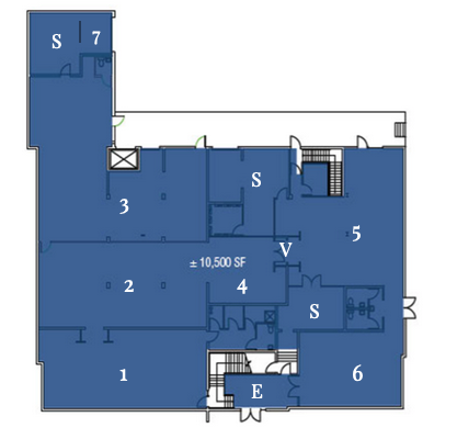 FIRST FLOOR E - Entrance with Welcome Desk S - Storage V - Digital Area ( 4 Screens ) Room 1 - 7
