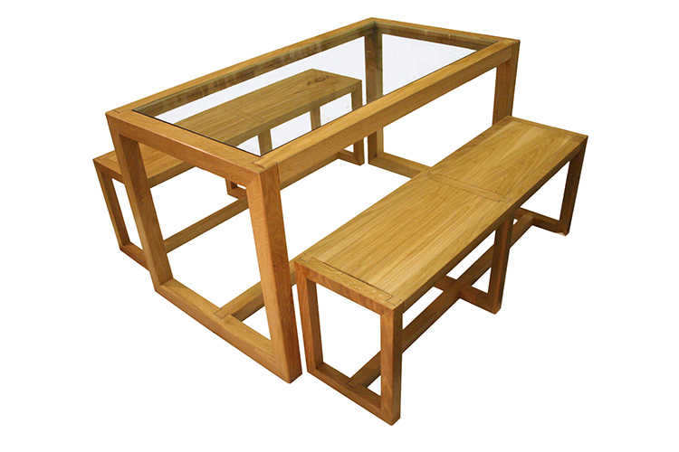 Oak and Glass Table and Benches