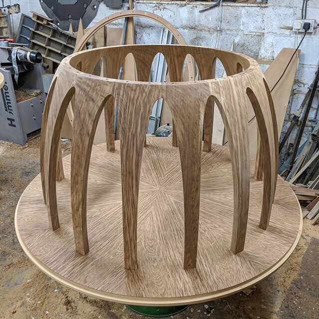 Finished table base! The rebate around the underside of the rim matches up with one on a connecting ring to hold the rotating and fixed parts of the table together... #diningtable #base #legs
