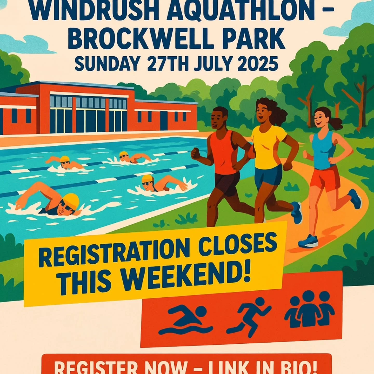 🚨 Last Chance to Enter! 🚨
Only a few spots left for the Windrush Aquathlon at Brockwell Park on Sunday 27th July 2025 &mdash; and registration closes this weekend! 🏊&zwj;♂️🏃&zwj;♀️
Join us for a fun, inclusive, and energetic community event featu