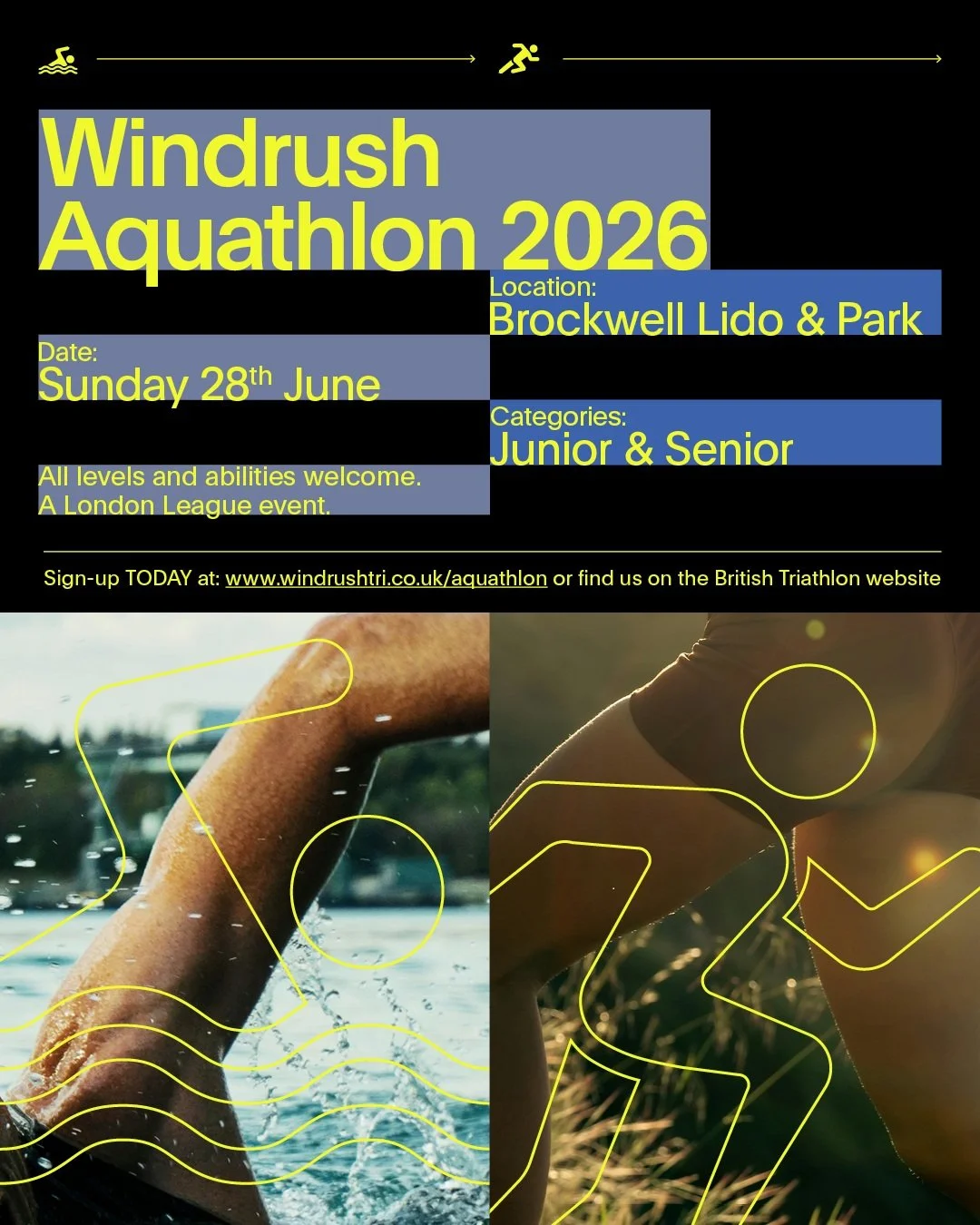 Windrush Triathlon Club is hosting its annual Aquathlon at Brockwell Park on Sunday 28th June 2026.

All ages and levels are welcome to this fun, friendly and vibrant event. We're a London League race, if you're into that sort of thing, but we love h