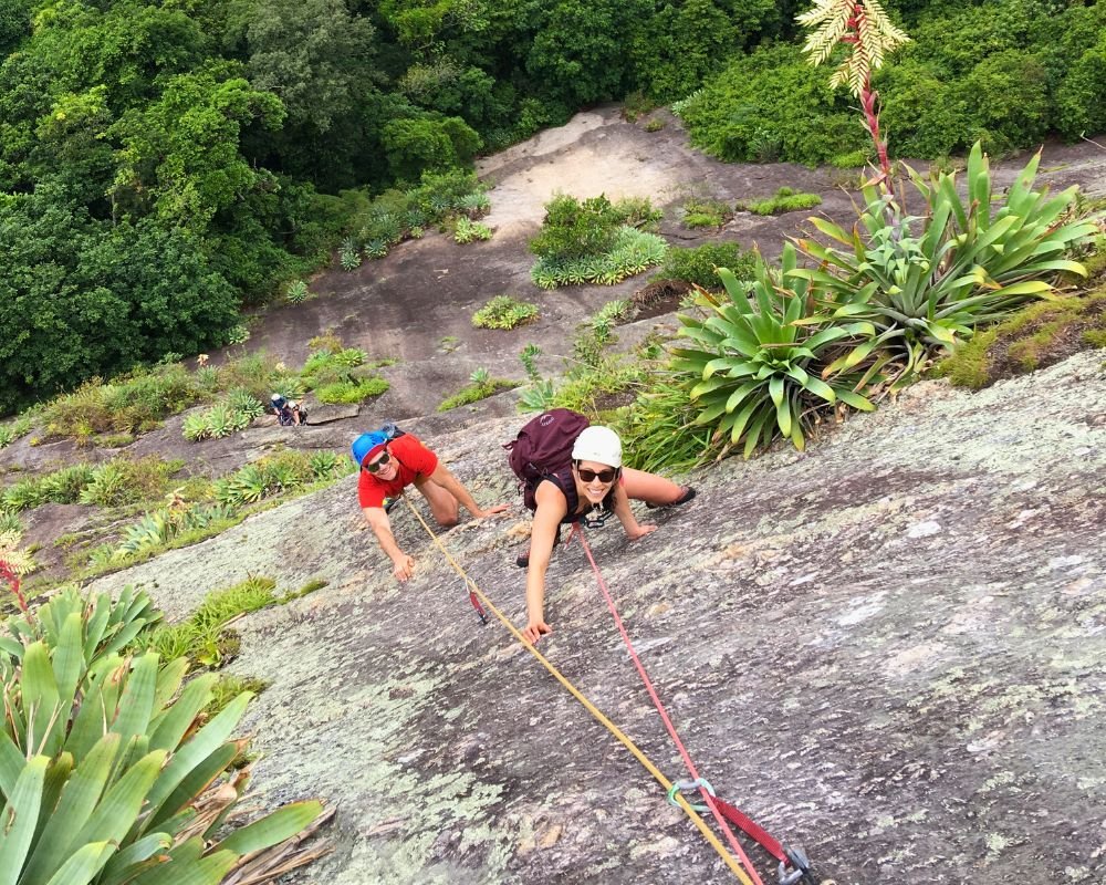 Climbers on the Coringa route on Sugarloaf Mountain in Rio de Janeiro