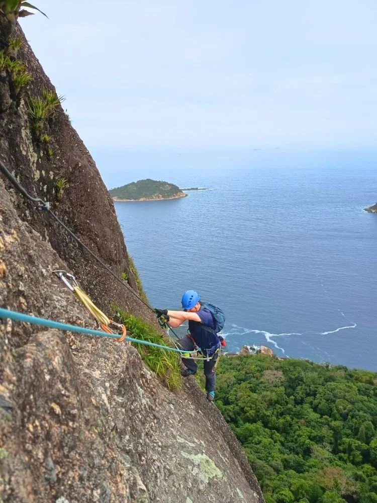 Climber on route CEPI on Sugarloaf Mountain in Rio de Janeiro