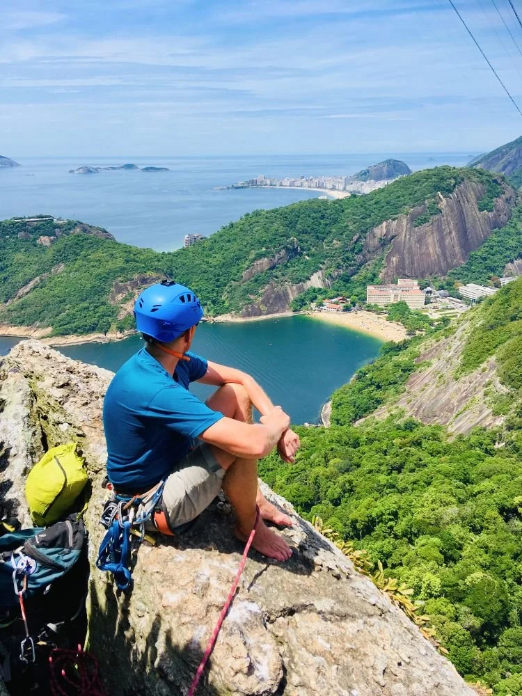 Experienced climber enjoying views during Italianos guided climb in Rio