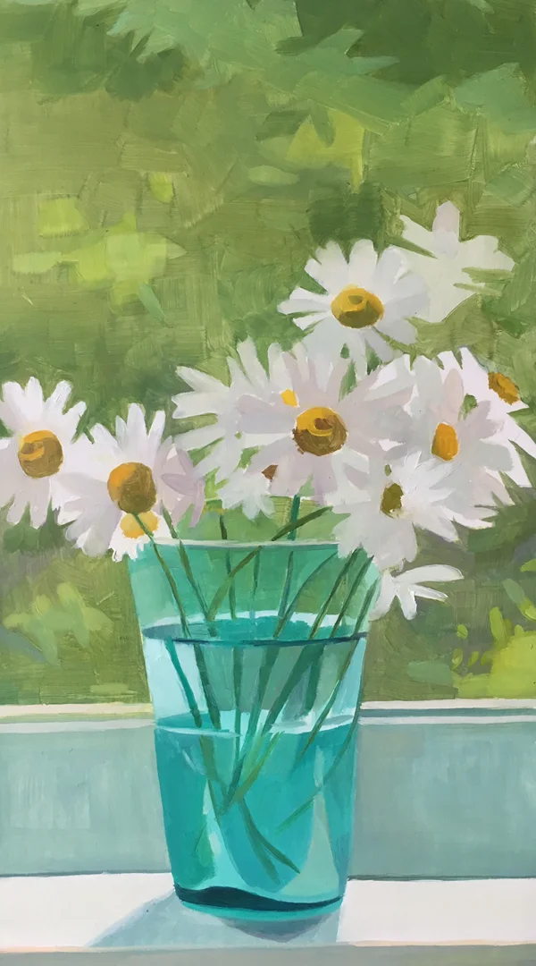 Daisies in Blue-Green Glass Oil on Wood 12" x 6"