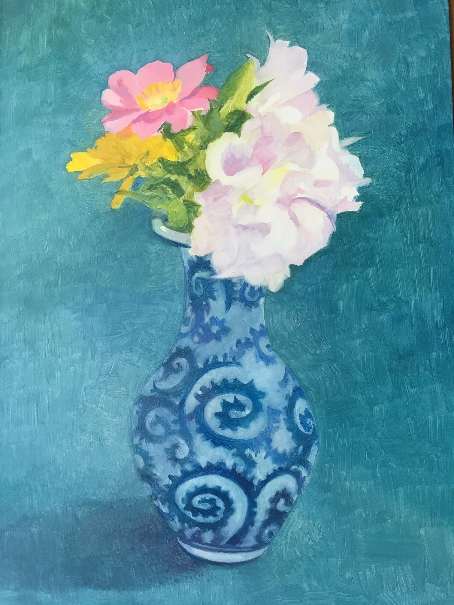 Wildflowers in a Blue and White Vase