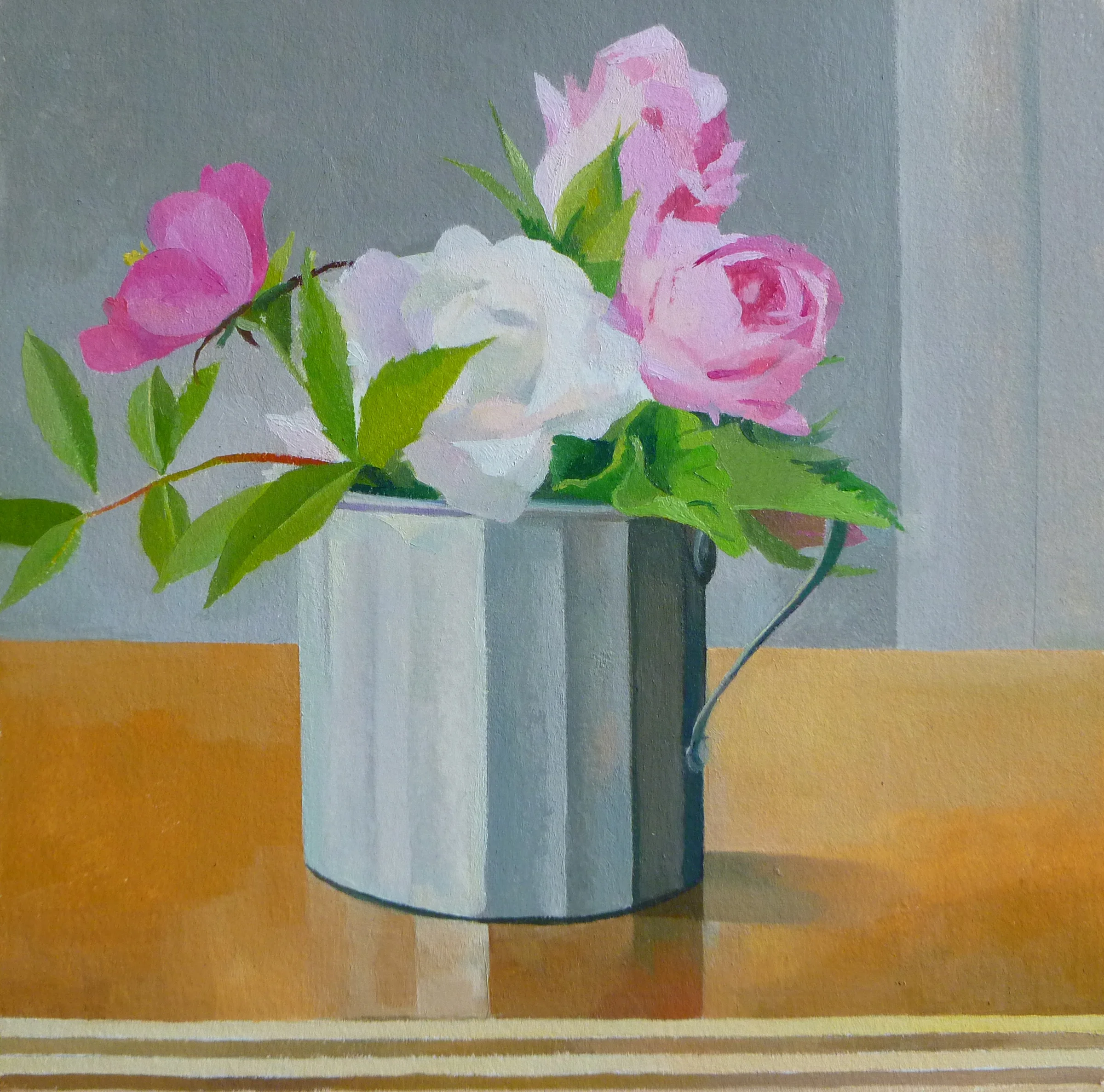 Roses in a Tin Cup 10" x 10" Oil on Wood