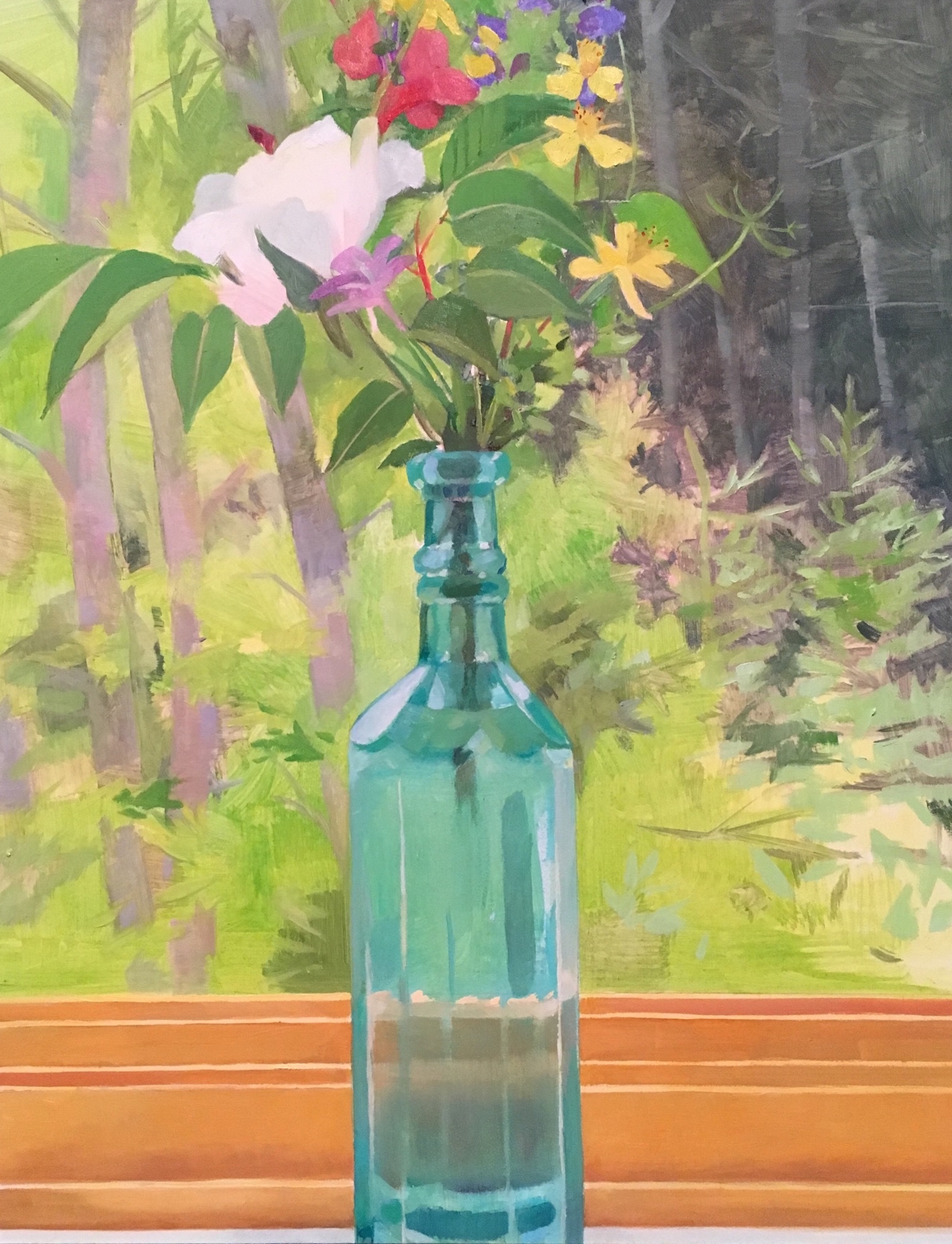 Flowers in a Blue-Green Bottle
