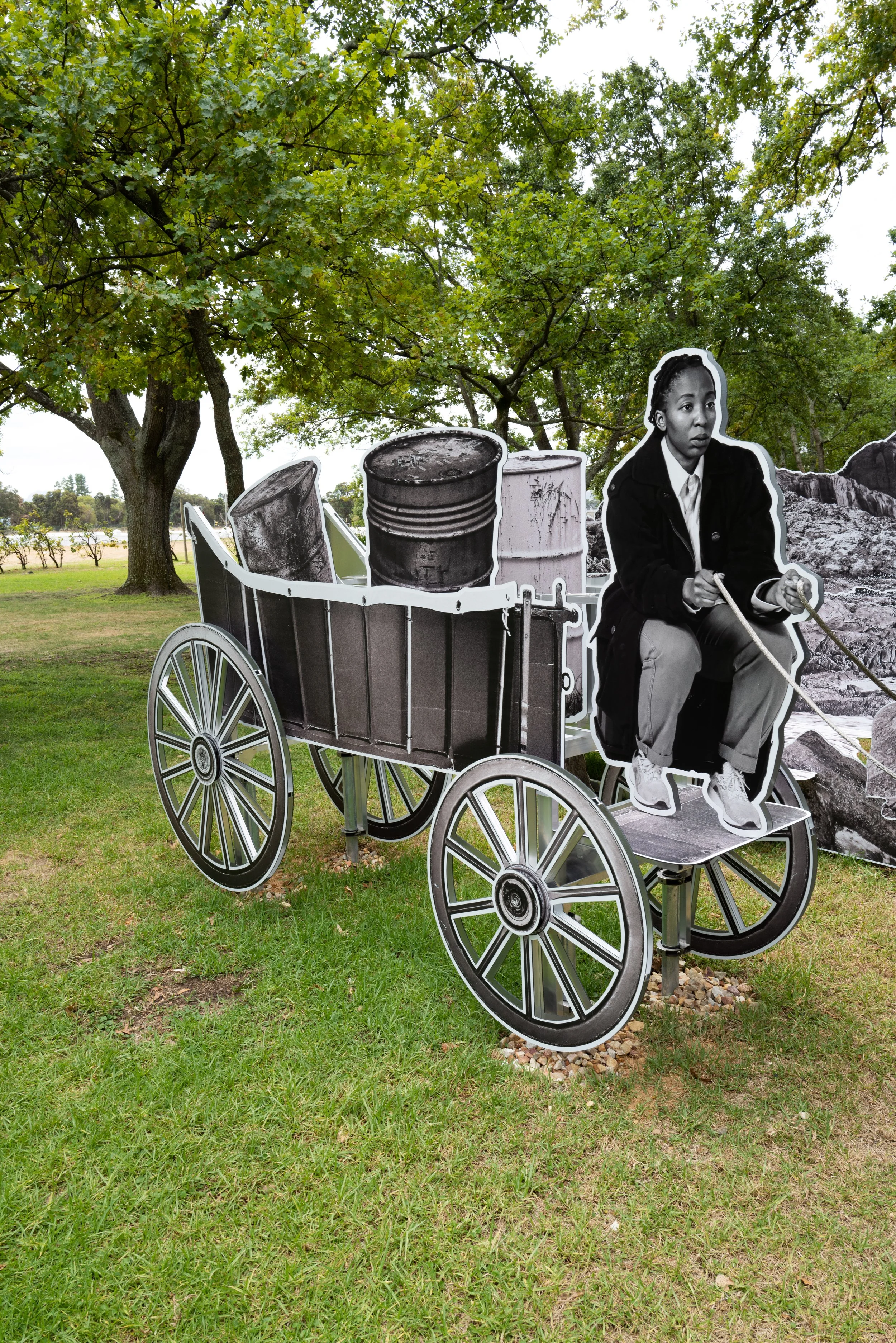   Ox wagons to deliver supplies,  2024 Photo-sculpture installation, UV print on steel 