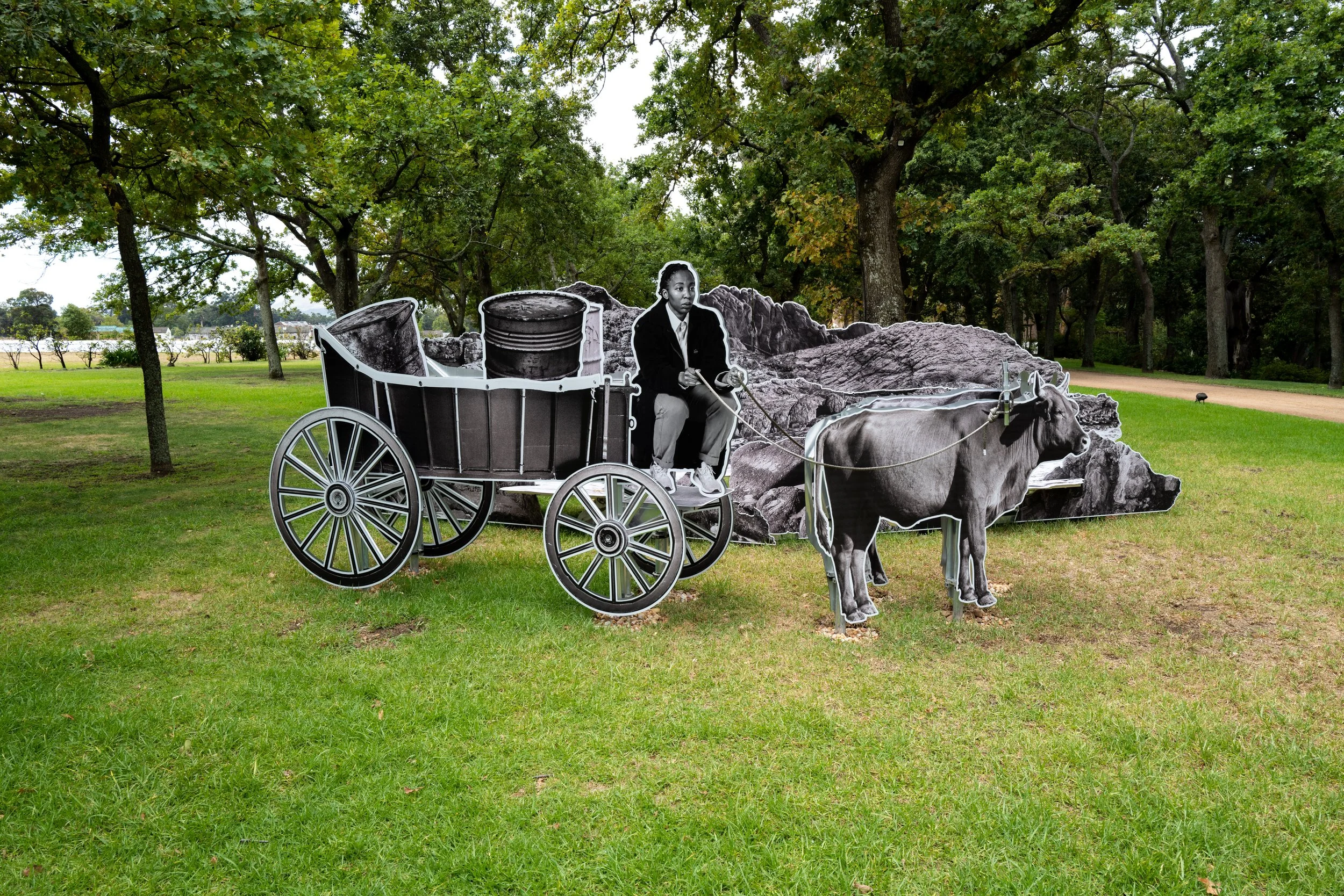   Ox wagons to deliver supplies,  2024 Photo-sculpture installation, UV print on steel 