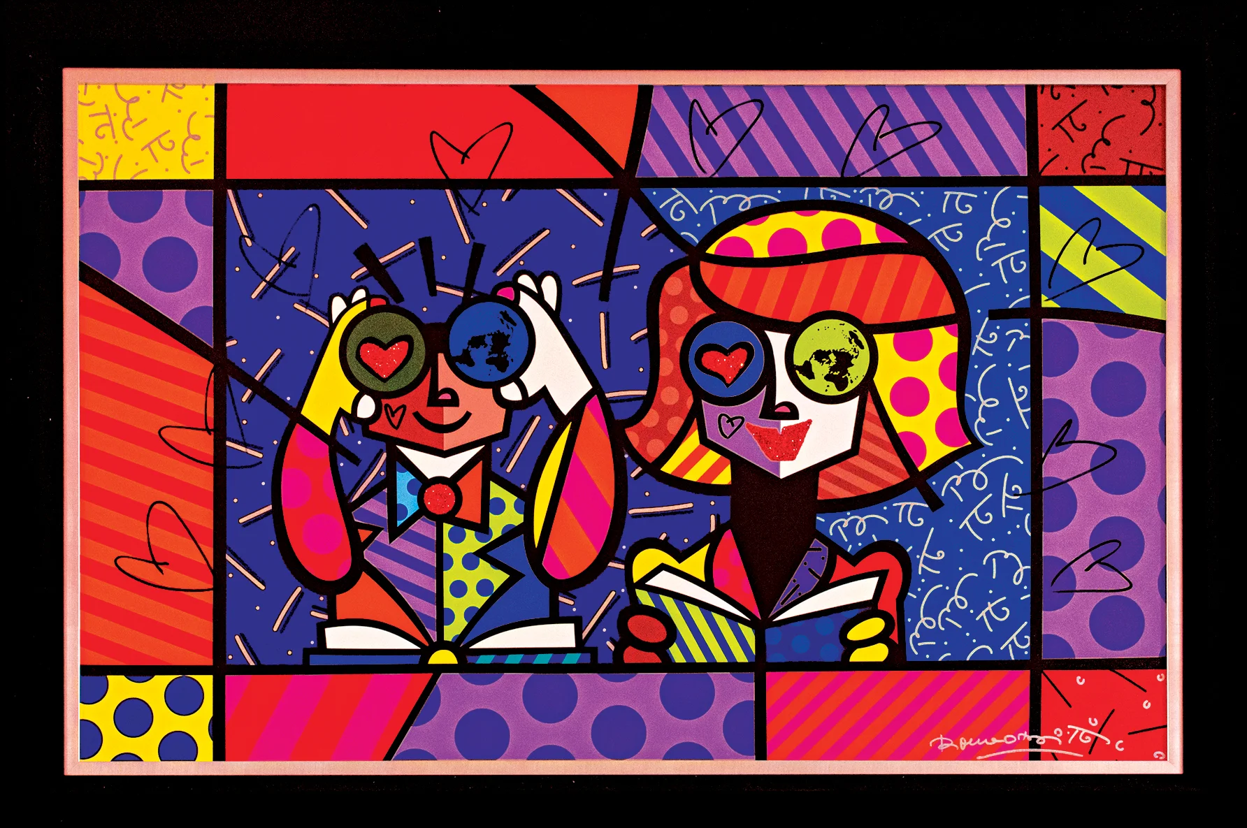 Educating the World Romero Britto (Digital Print on Canvas) This brightly colored print was donated to the School in 2016 by Lincoln Cheng ’66 to provide color and lively artwork to the walls of the newly christened Friedman Community Center. Britto is a Brazilian neo-pop artist, who combines “elements of cubism, pop art, and graffiti painting in his work, using vibrant colors and bold patterns as a visual expression of hope and happiness.” The Friedman Community Center, as the new hub of community life at the School, is the perfect location for Britto’s work to be on display.