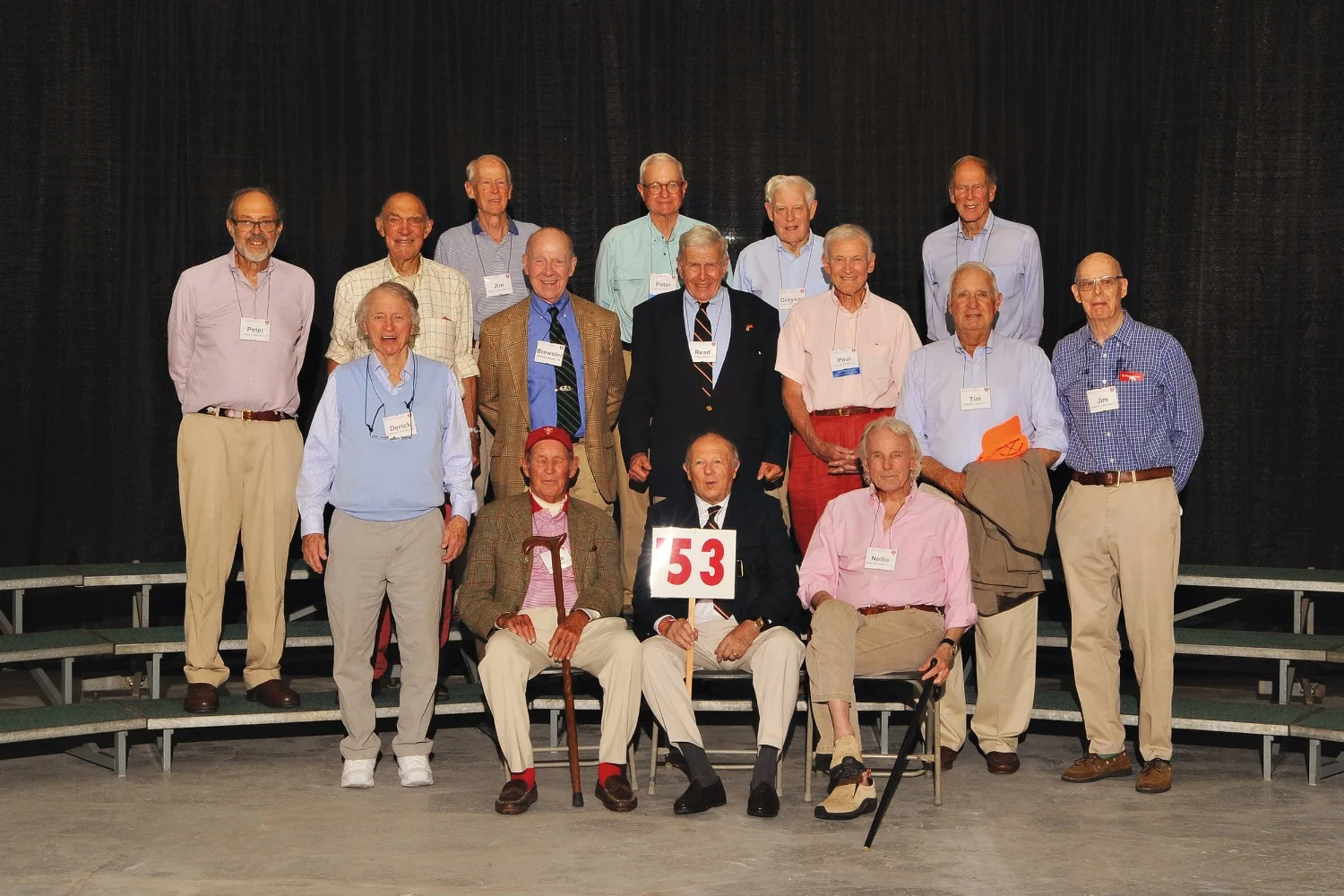 (L. to r.), row 1: Pete Bostwick, Wright Olney, Nellie Aldrich; row 2: Derick Nicholas, Tim Clark, Jim Hammond; row 3: Peter Swords, Ben Williams, Brewster Righter, Read Charlton, Paul Phillips; row 4: Jim Van Alen, Peter Paine, Grayson Murphy, and Norm Marsh.