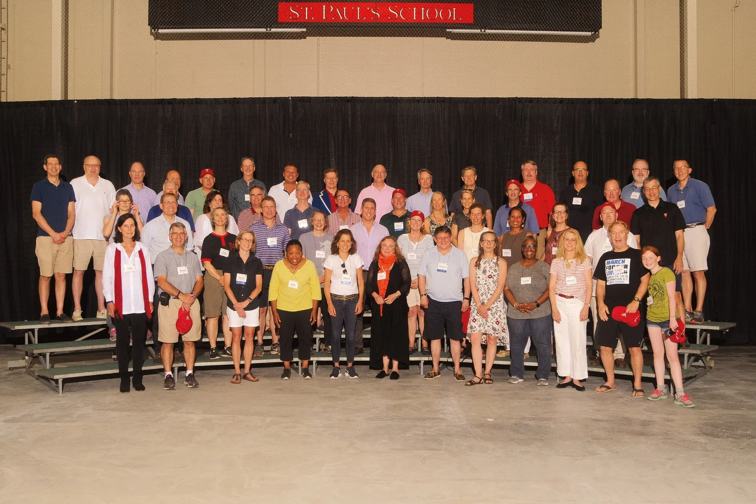 (L. to r.), row 1: Lisa Kent Nitze, David Myers, Sarah Chubb Sauvayre, Ariel Blair, Nancy Weltchek, Alex Wettlaufer, Andrew Shaw, Linda Richards, Leslie Groves, Electra McDowell Lang, Angus Beavers; row 2: Curtis Bohlen, Edie Farwell, Alec Montgomery, Nancy Bigelow, Richard Schloss, Anne Bartol Butterfield, Nora Tracy Phillips, Izzy Nieves Salaman, Katie Thayer McCammond, Jason Selch; row 3: Carolyn Revercomb, Chip Olney, Cynthia Crosby, Chris Schiavone, John Cooley, Sandy Burchill, Cloyd Laporte, Lita Remsen, Lisa Henriques Hughes, Jon Old, Standish O’Grady, Tom Luz; row 4: David McGinnis, Mitch Kelly, Frank Hunnewell, Jordie Hawley, Jon Sweet, John Tweedy, Earle Simpson, Andrew Rose, Arthur Bingham, Kevin Foley, Thor Thors, Joe Greer, Tim Steinert, Andy Goodspeed, and Sam Parkman.