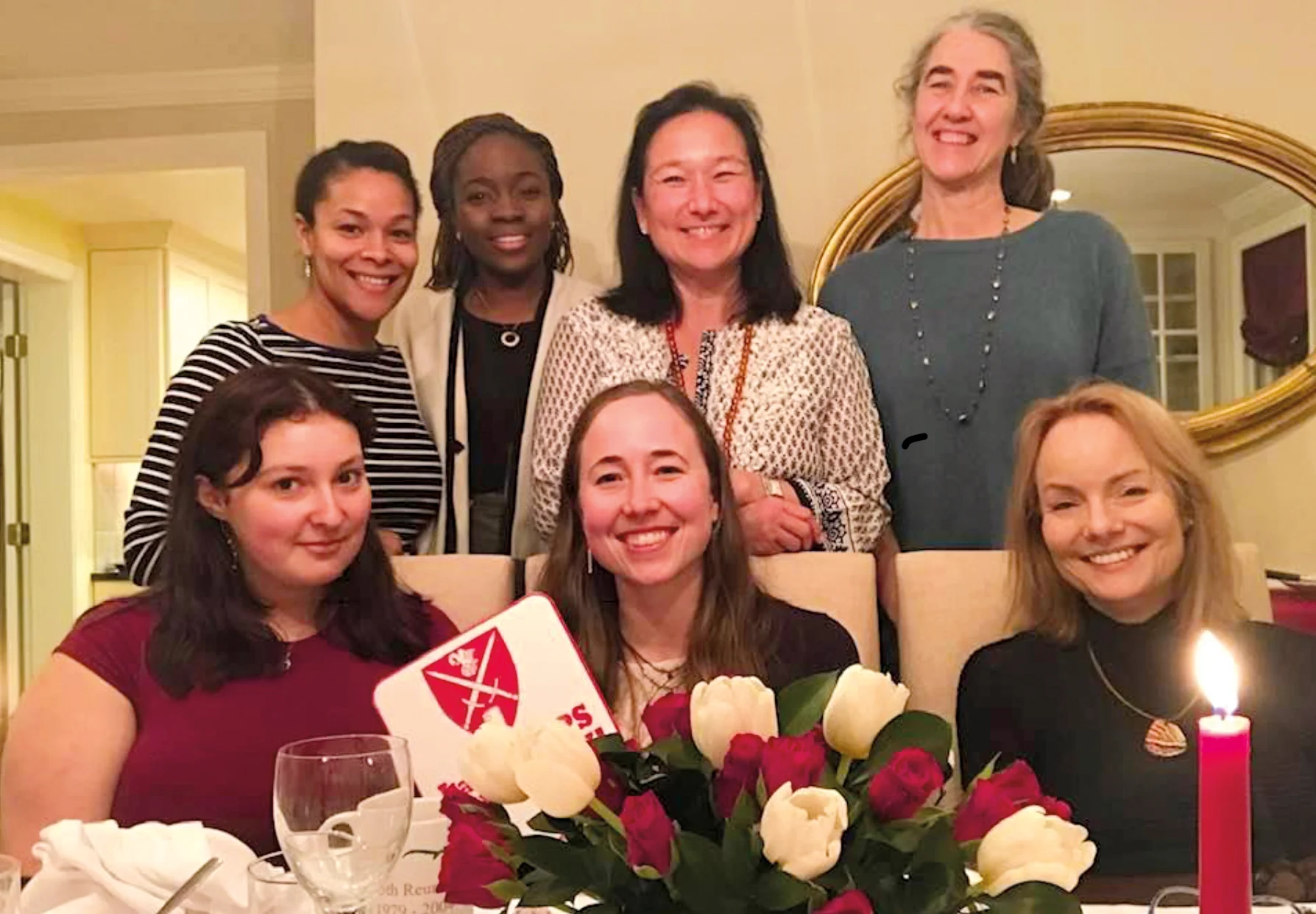 Wellesley, Mass. (L. to r.) back: Lela Paultre ’08, Demilade Adeboye ’15, host Liz Overton Robbins ’79, Anne Benning ’79; front: Allie Van Horn ’17, Ellie McLane ’06, and Alison Husting Zetterquist ’76.