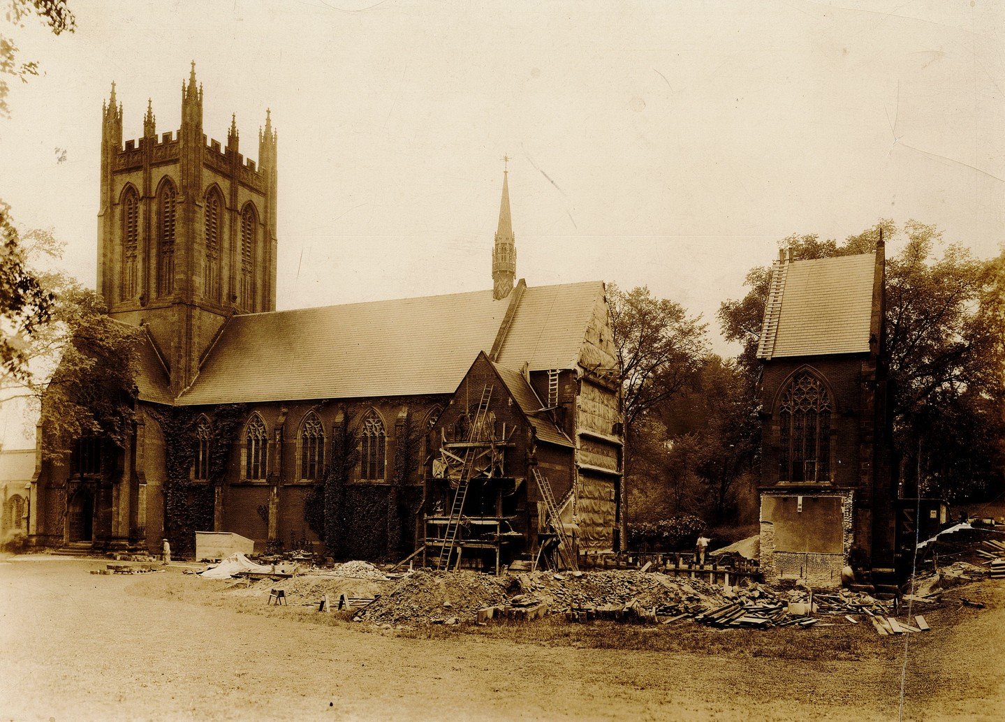 From the SPS Archives: &quot;In 1928, to accommodate a growing school, the [New Chapel] was cut in two, the altar sanctuary moved eastward, and two bays of windows were added in the choir section. This same period saw the construction of the north po