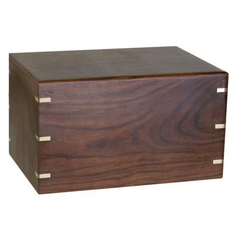 This beautiful and handmade cremation urn is made of solid rosewood and measures 9 inches x 6 inches x 5 inches. Size9" x 6" x 5"; 200 cubic inches. OpeningBottom screw opening