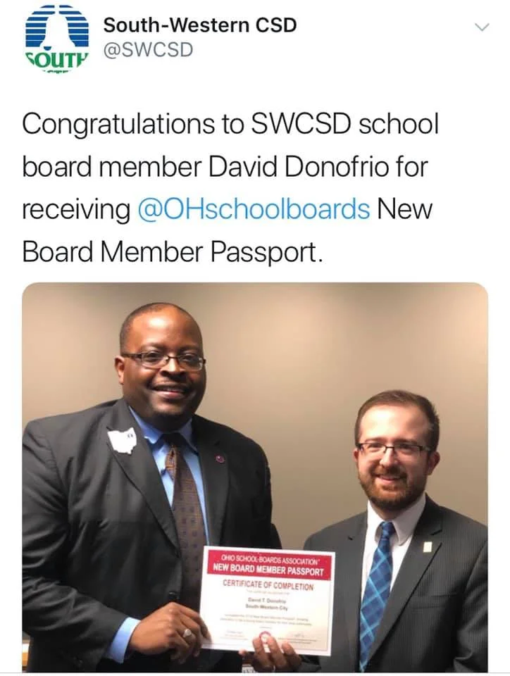 Over the first year of serving on the Board, I strove to attend as many trainings, webinars and offerings from the Ohio School Boards Association, so that I could become the best Board Member I can for you and your family. I look forward to continuing training opportunities this year, and thank our District for making them possible! (Picture source: South-Western City School District Twitter)
