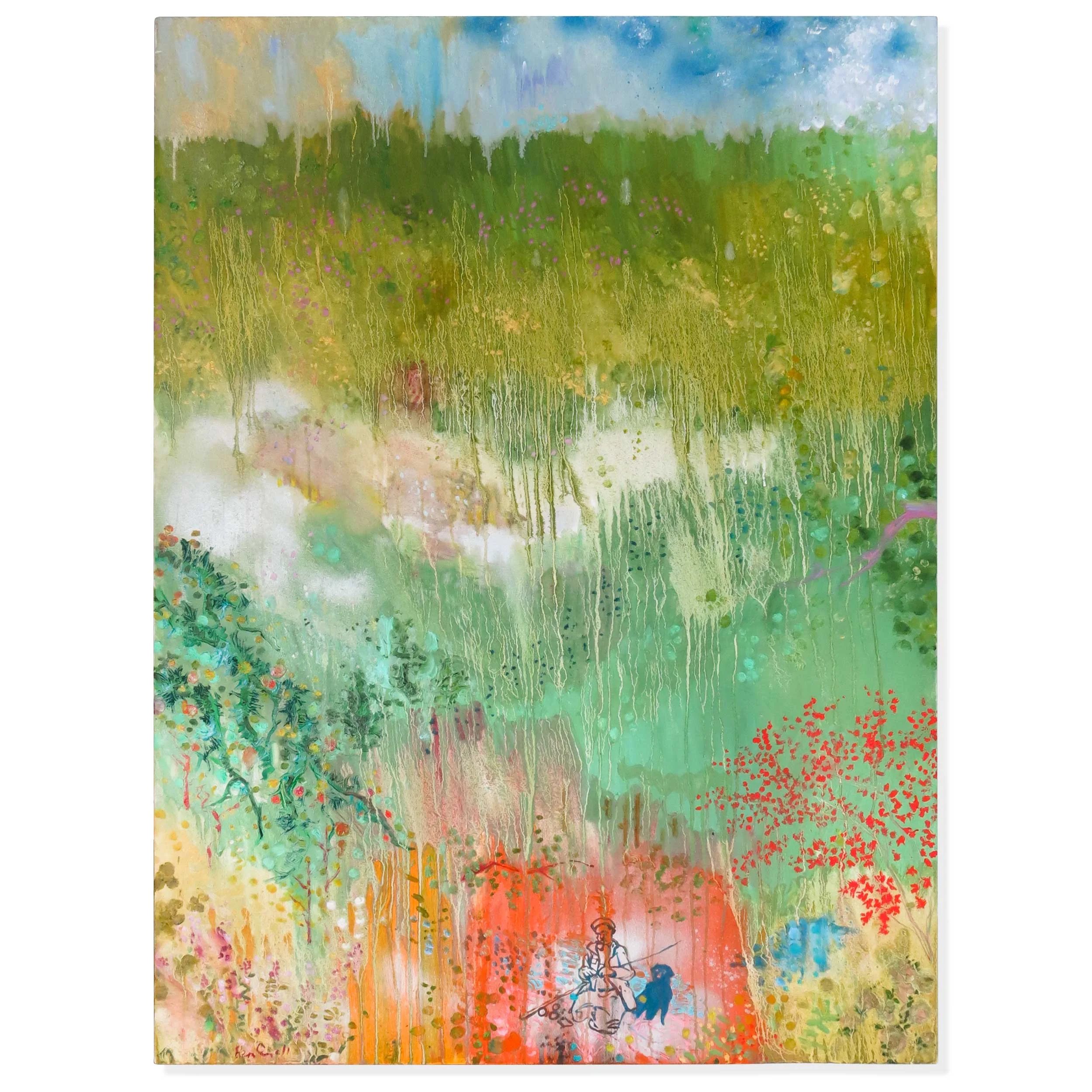 Green Landscape With Fisherman and Dog