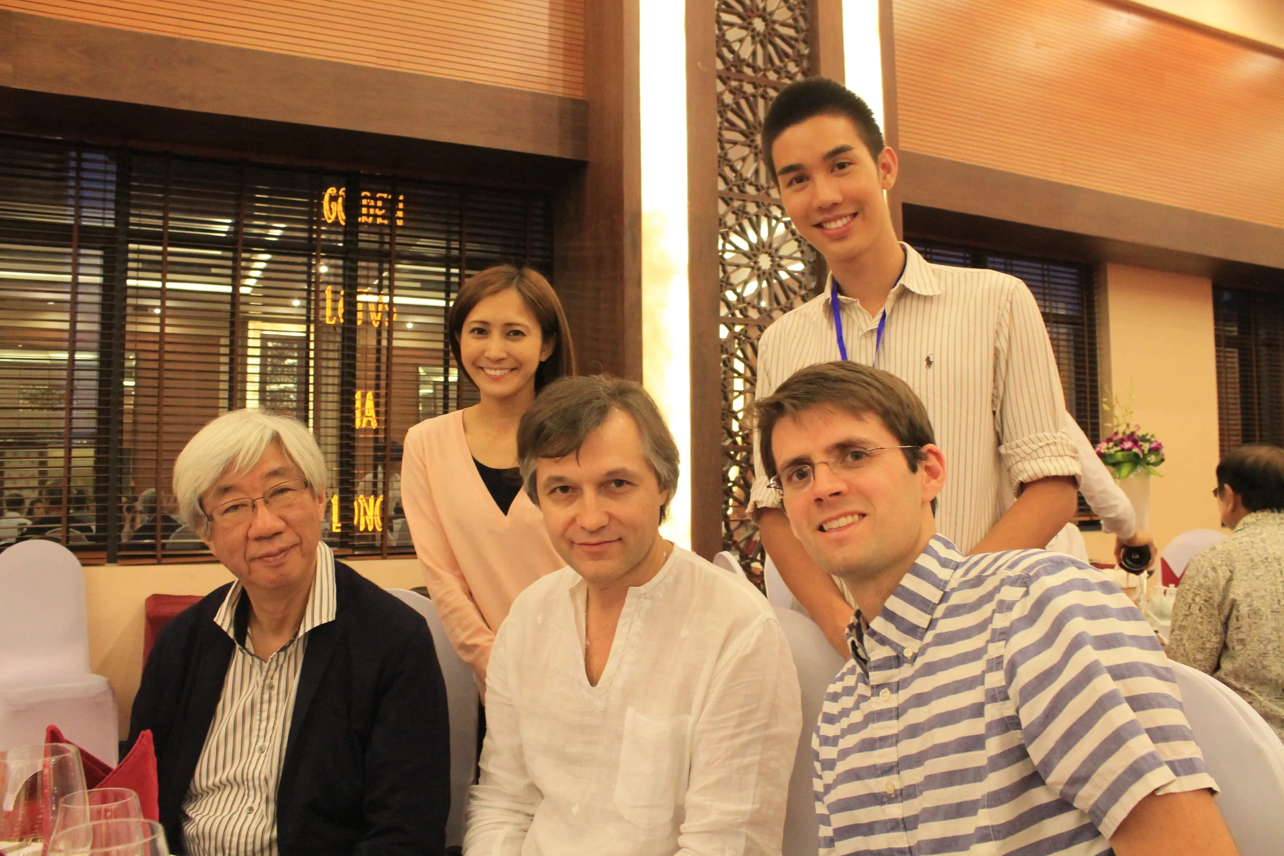Left to right: Professor Isao Matsushita (Vice President of Tokyo University of the Arts and a marvelous composer), Sayo Kosugi, Stepan Yakovich (violinist), and Rain Senavanin. Mr. Yakovich was one of the two violinists who performed Professor Matsushita's A Time for Prayer at the Hanoi Opera House.