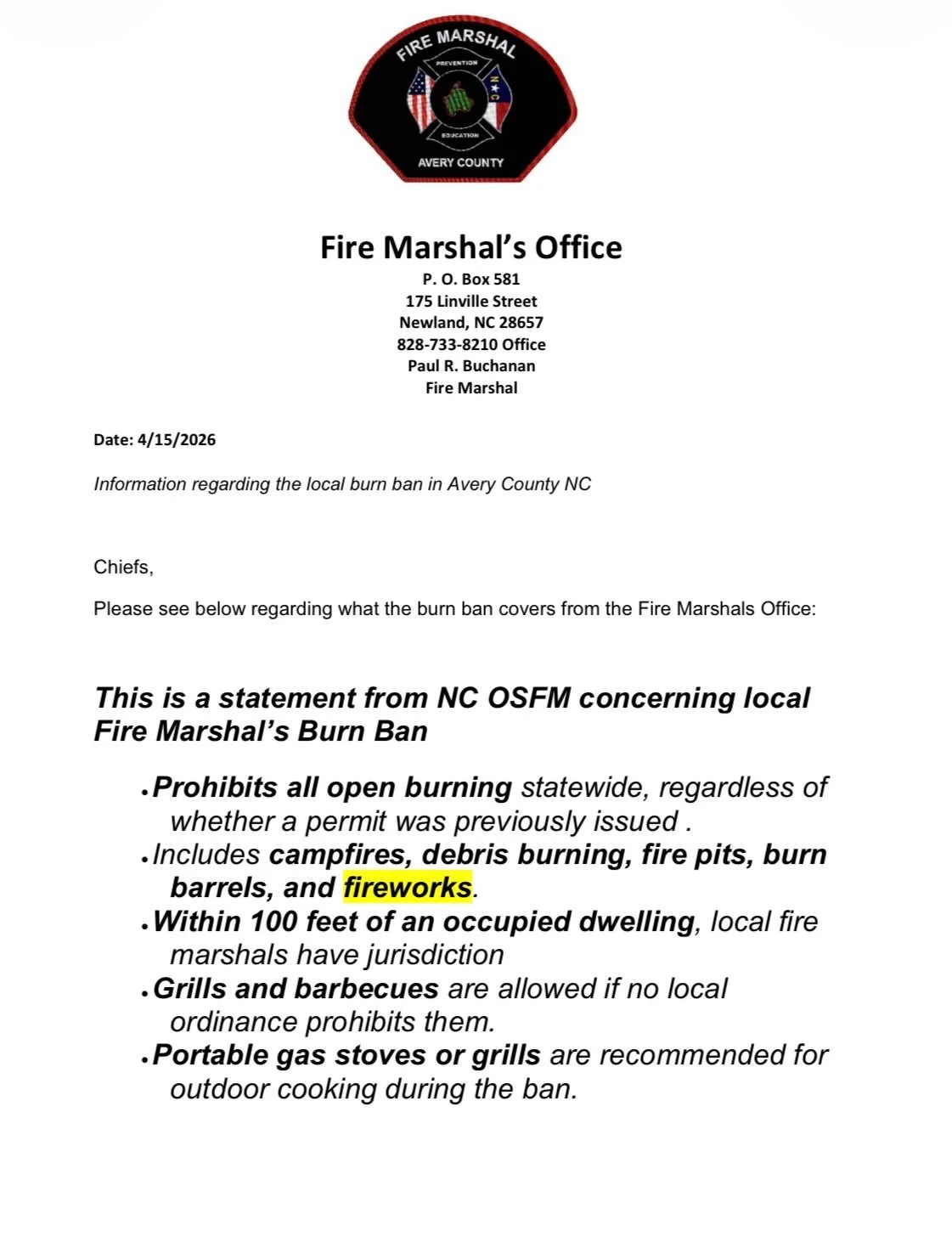 Clear burn ban guidelines for Avery County! Residents &amp; Visitors please adhere! #burnban #wildfires #prevention