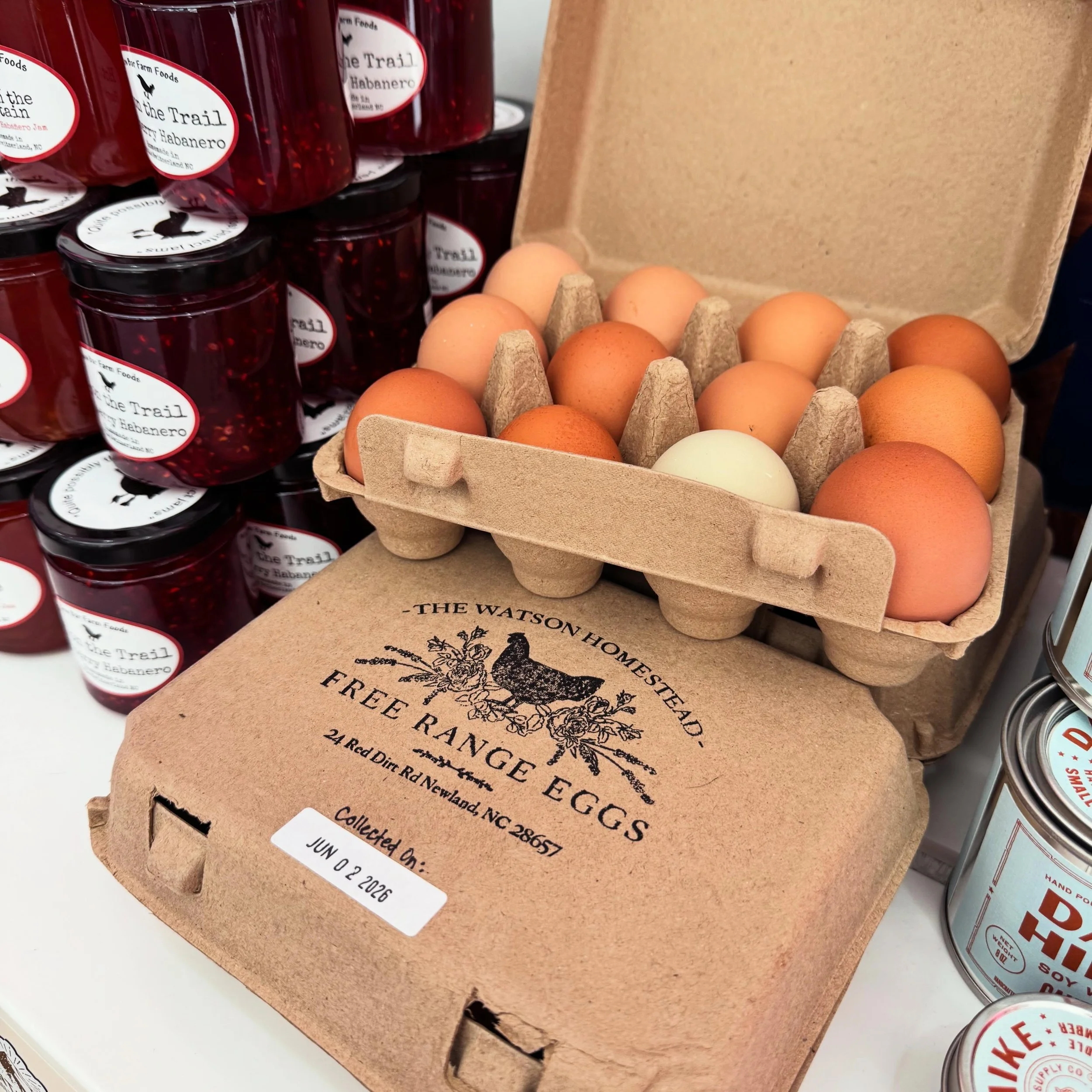 So happy to now be offering fresh eggs from @the.watson.homestead just up the road from us!! We love supporting local and getting as much of our food straight farm to table! They will be perfect on some toast with Crow Bar Jam 🥚🍳