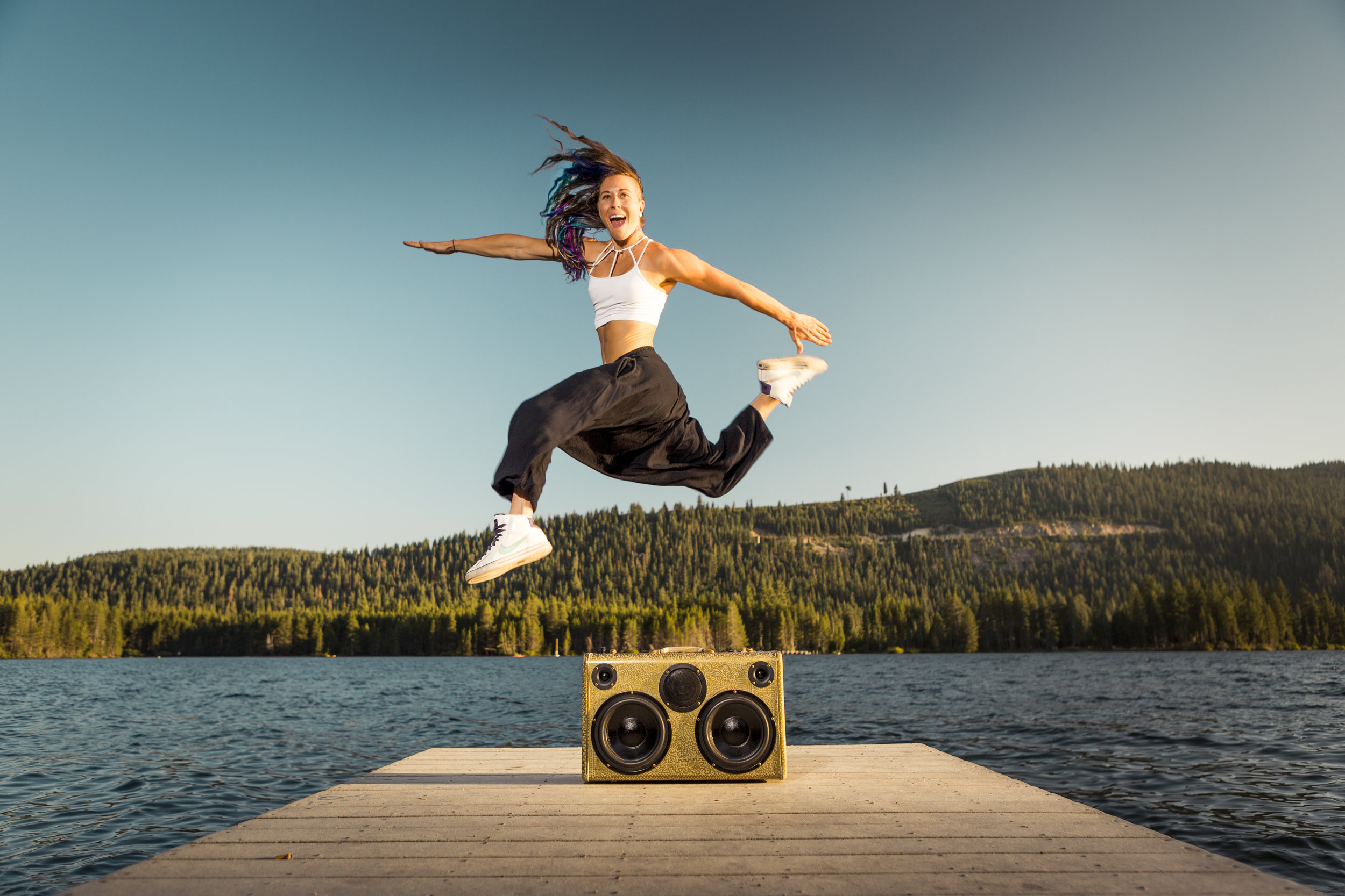 Wearing Buddha Pants + rockin' out to her Boomcase beats.