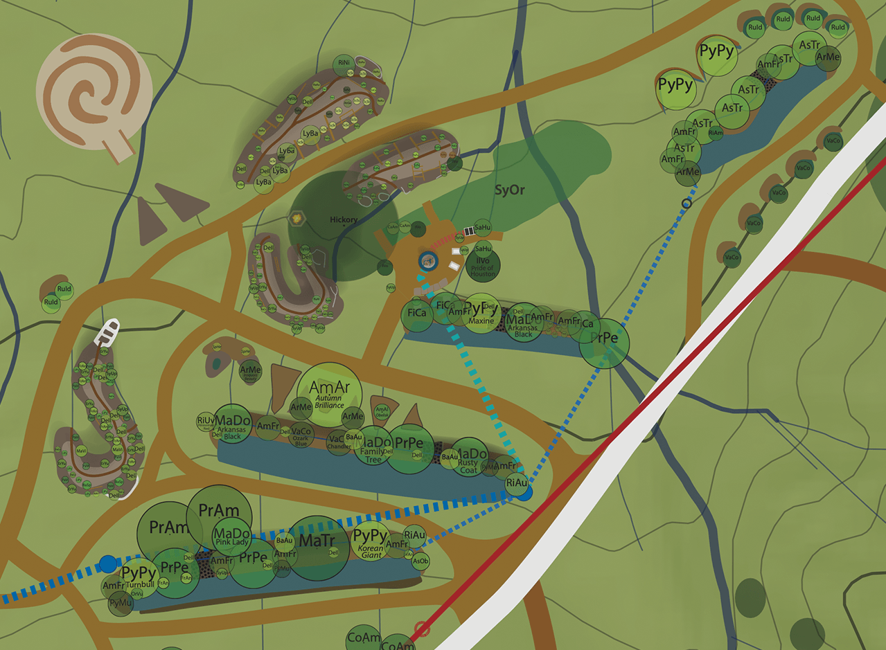 A digital permaculture food forest design with plant symbols, roads, buried utilities, and earthworks represented to scale.