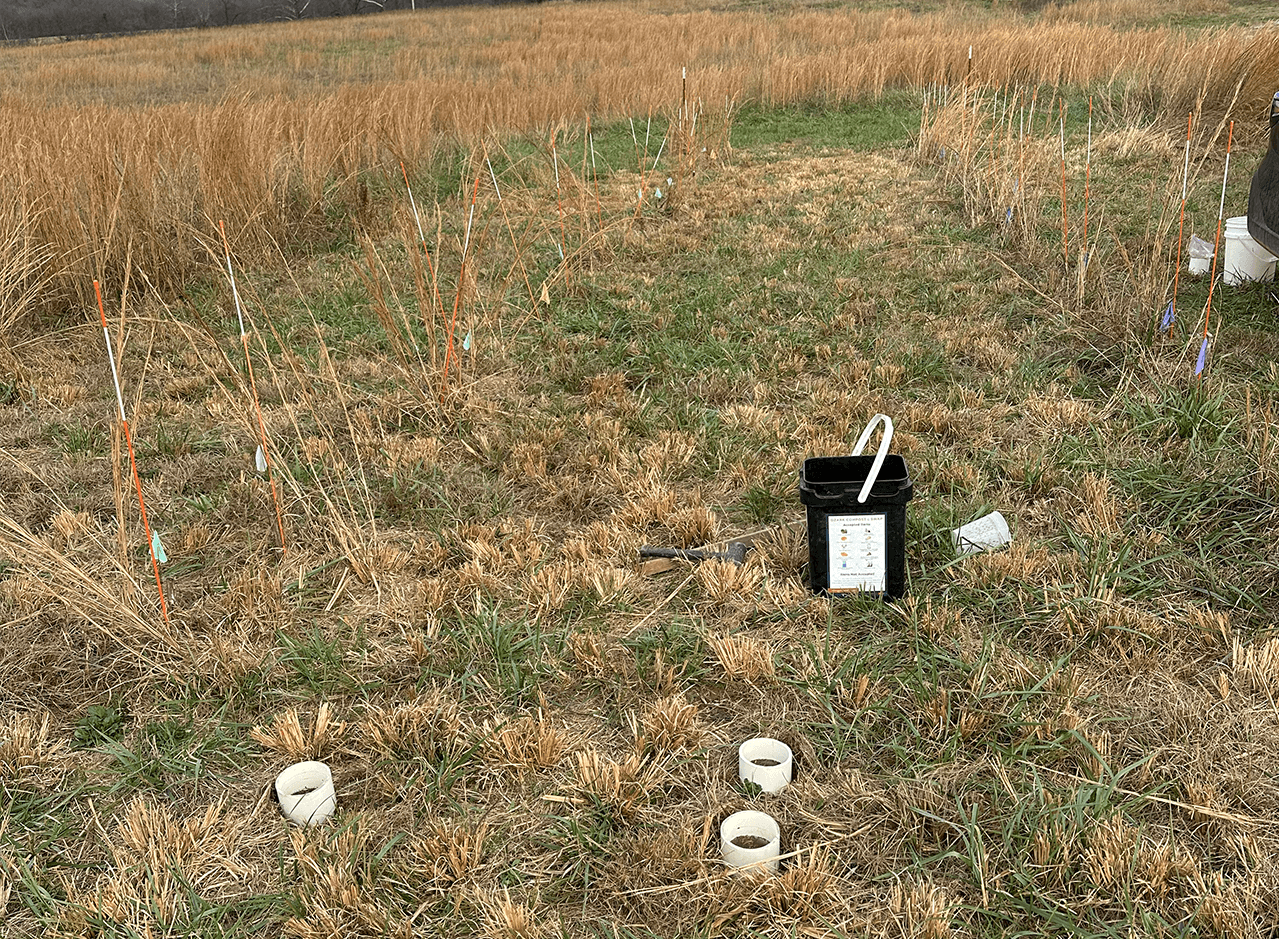 infiltration test being done on test plots for a soil study testing the growth response of a polyculture prairie to biologically complete compost amendments 