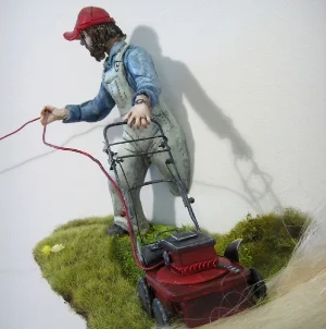 The development of microinstallations ran simultaneous to my composite drawing work and large scale sculptural installations. Some scenarios no longer made sense on paper; they had to be told in actual physical space. With a narrative fusion of religious parables, school-yard trash talk, survivor tales and Saturday morning cartoons, I began to make small scenes, or miniature film sets. These began to cluster into more elaborate narrative sequences. Initially, this work was envisioned in one-point perspective, which produced a strange, breathless stillness. As the imagery became elaborate, more dynamic and fluid angles appeared. Similar to my drawing and painting work at the time, the gallery wall was now the picture plane that the three-dimensional elements floated along, like a flotilla.