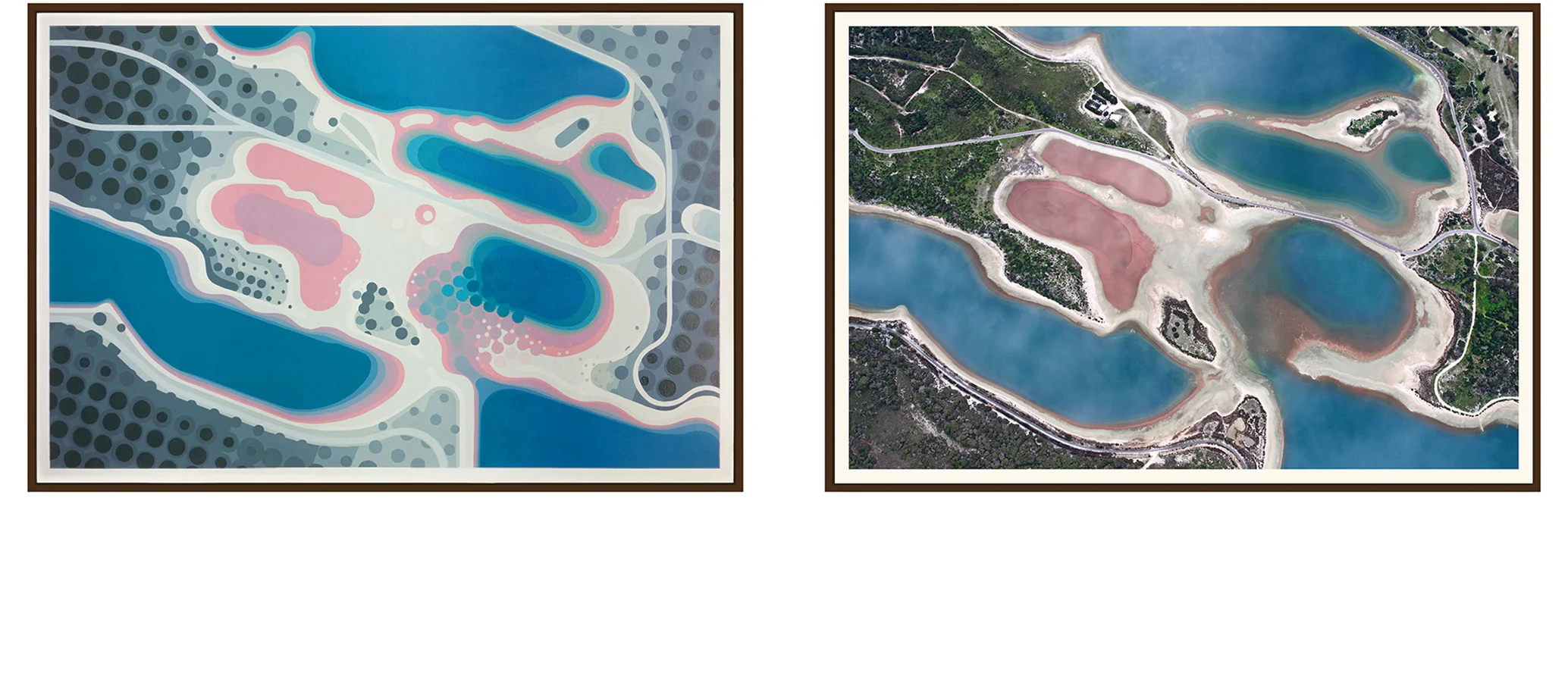 Left: 'Pearse Lakes' by Amok Island - acrylics on canvas 154cm x 104cm Right: 'Pearse Lakes' by Jarrad Seng - giclee photographic print on canvas 154cm x 104cm
