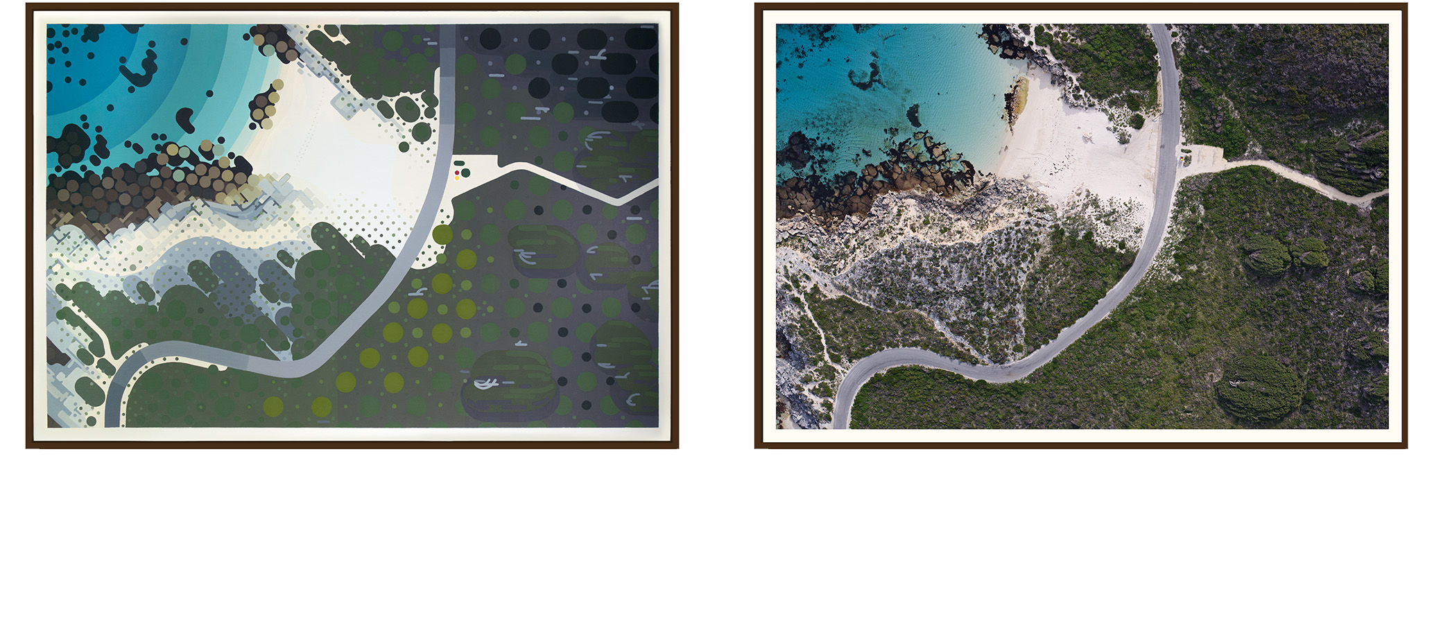  Left: 'Salmon Bay II' by Amok Island - acrylics on canvas 154cm x 104cm Right: 'Salmon Bay II' by Jarrad Seng - giclee photographic print on canvas 154cm x 104cm 