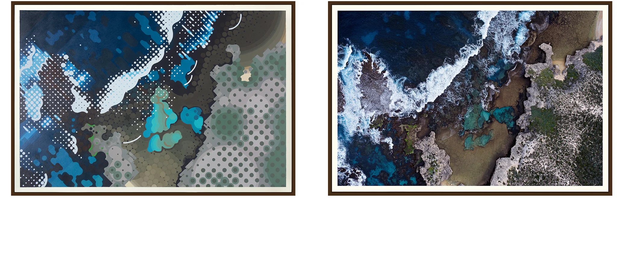 Left: 'Wilson Bay' by Amok Island - acrylics on canvas 154cm x 104cm Right: 'Wilson Bay' by Jarrad Seng - giclee photographic print on canvas 154cm x 104cm