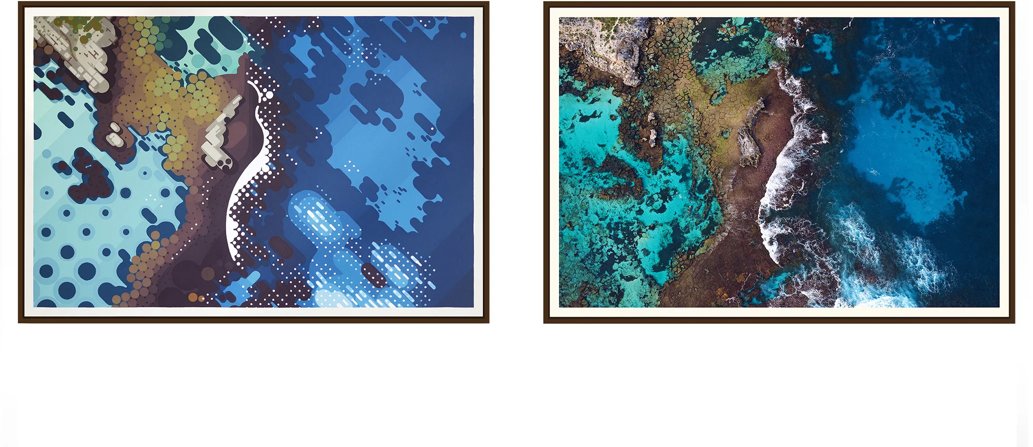 Left: 'Salmon Bay' by Amok Island - acrylics on canvas 154cm x 104cm Right: 'Salmon Bay' by Jarrad Seng - giclee photographic print on canvas 154cm x 104cm