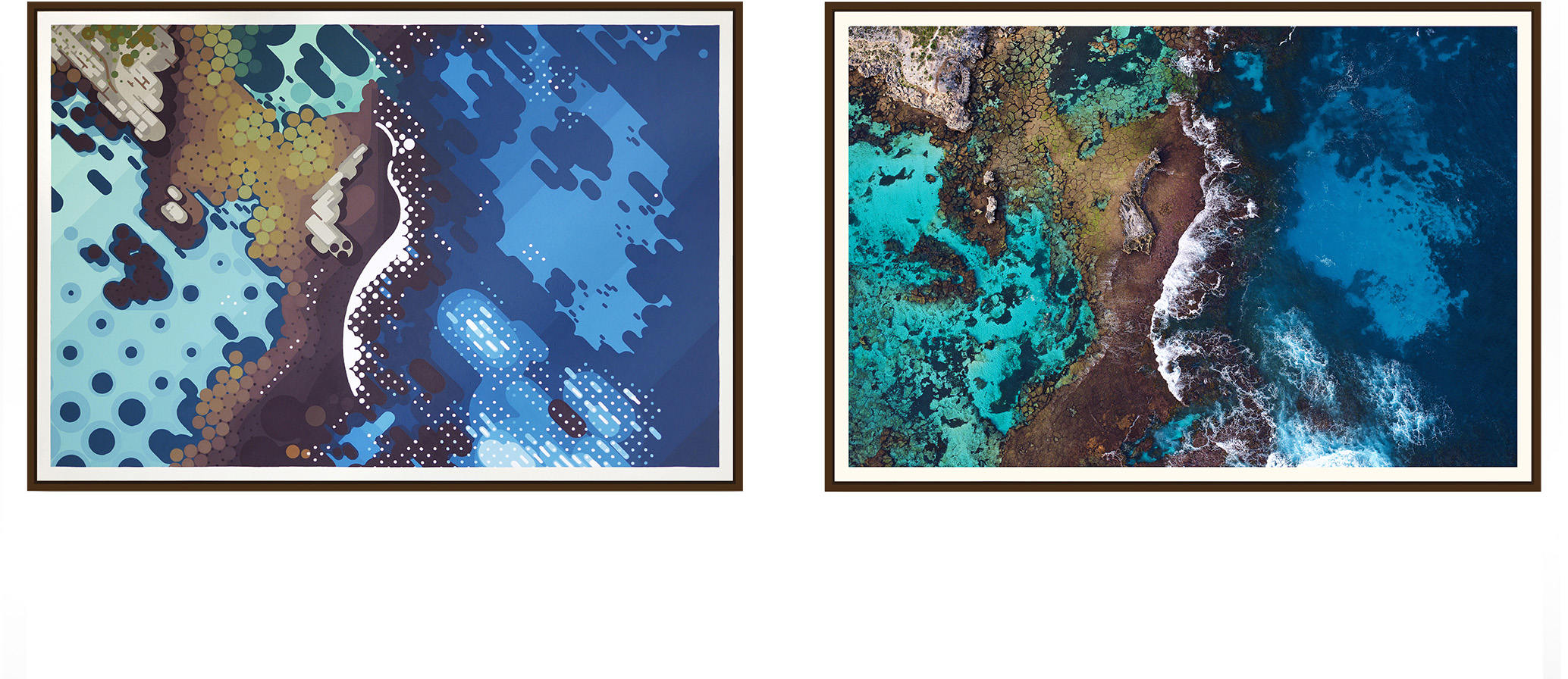  Left: 'Salmon Bay' by Amok Island - acrylics on canvas 154cm x 104cm Right: 'Salmon Bay' by Jarrad Seng - giclee photographic print on canvas 154cm x 104cm 