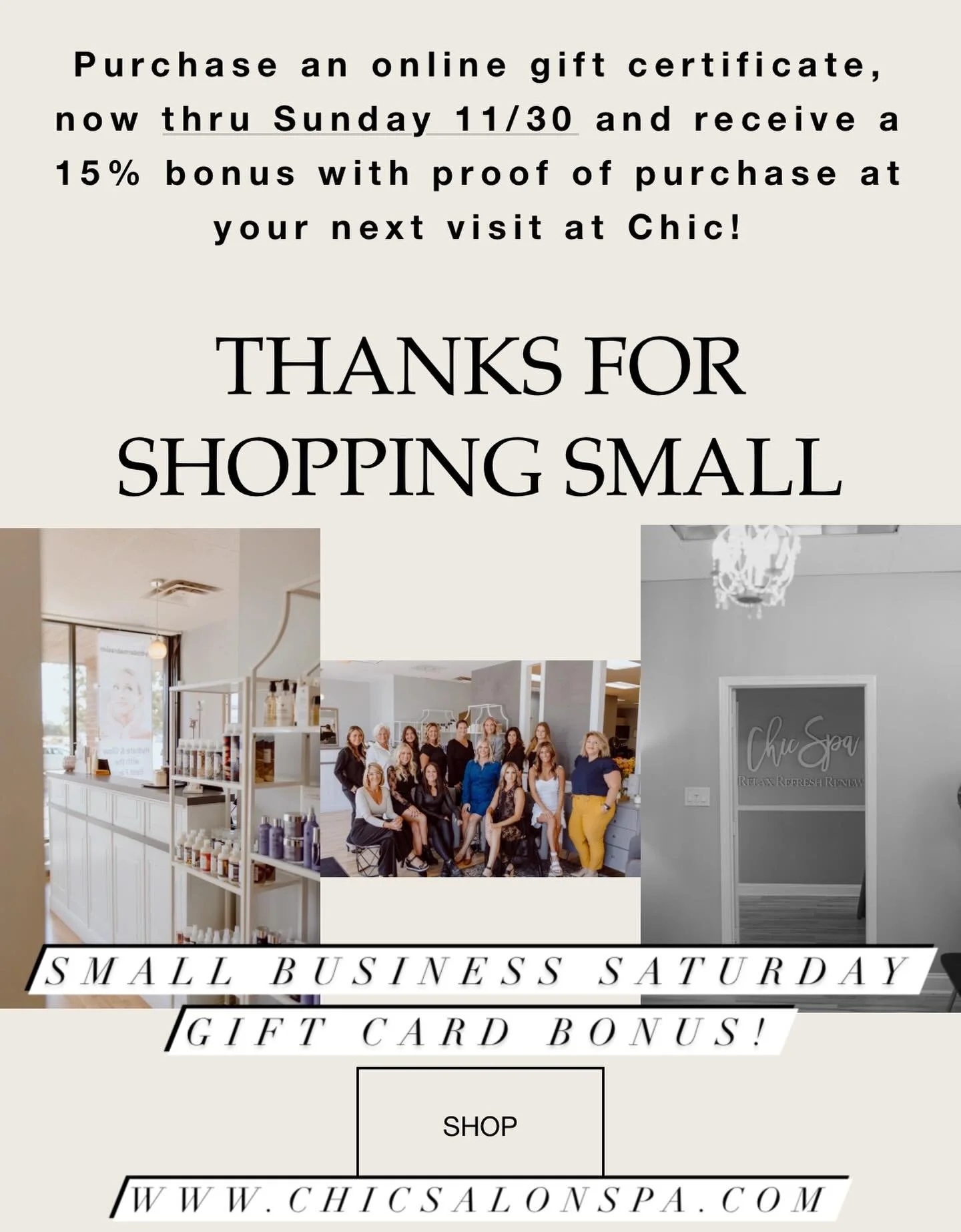 Purchase an online gift certificate, now thru Sunday 11/30 and receive a 15% bonus with proof of purchase at your next visit at Chic! www.ChicSalonSpa.com