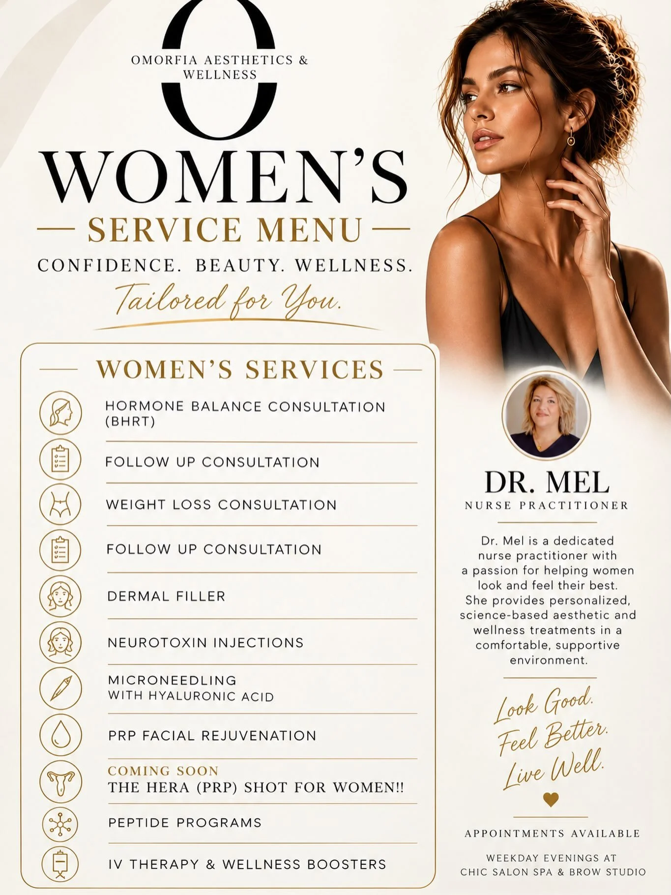 ✨ Dr. Mel of Omorfia Aesthetics &amp; Wellness at Chic✨

Dr. Mel offers personalized aesthetic and wellness services, including hormone balance consultations, weight-loss consultations, dermal fillers, neurotoxin injections, microneedling, PRP facial