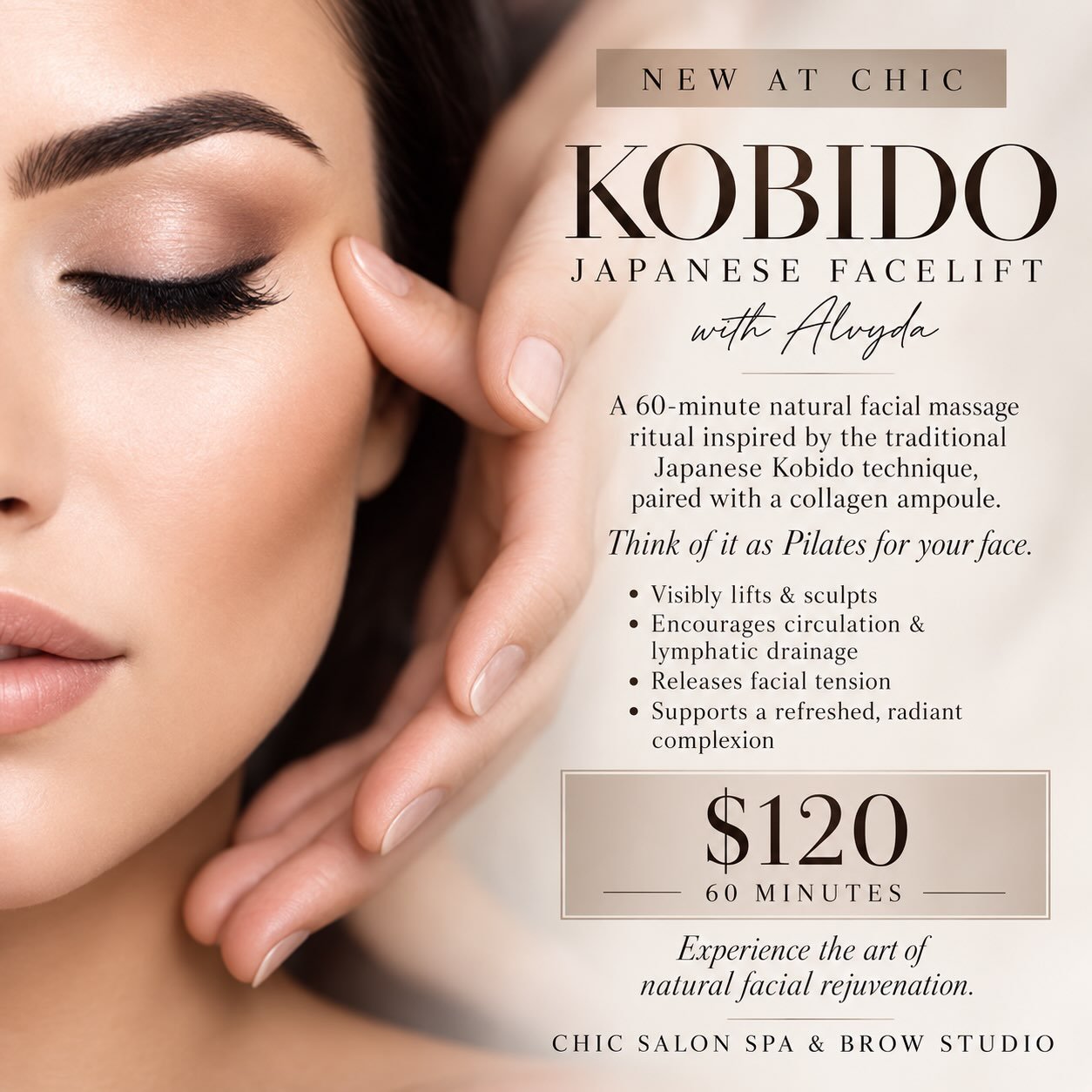 ✨ NEW AT CHIC ✨

Meet the Kobido Japanese Facial Massage with Alvyda 🤍
A natural, non-surgical facial &ldquo;lift&rdquo; designed to sculpt, release tension &amp; awaken your glow.

60 minutes + collagen ampoule | $120

Think of it as Pilates for yo