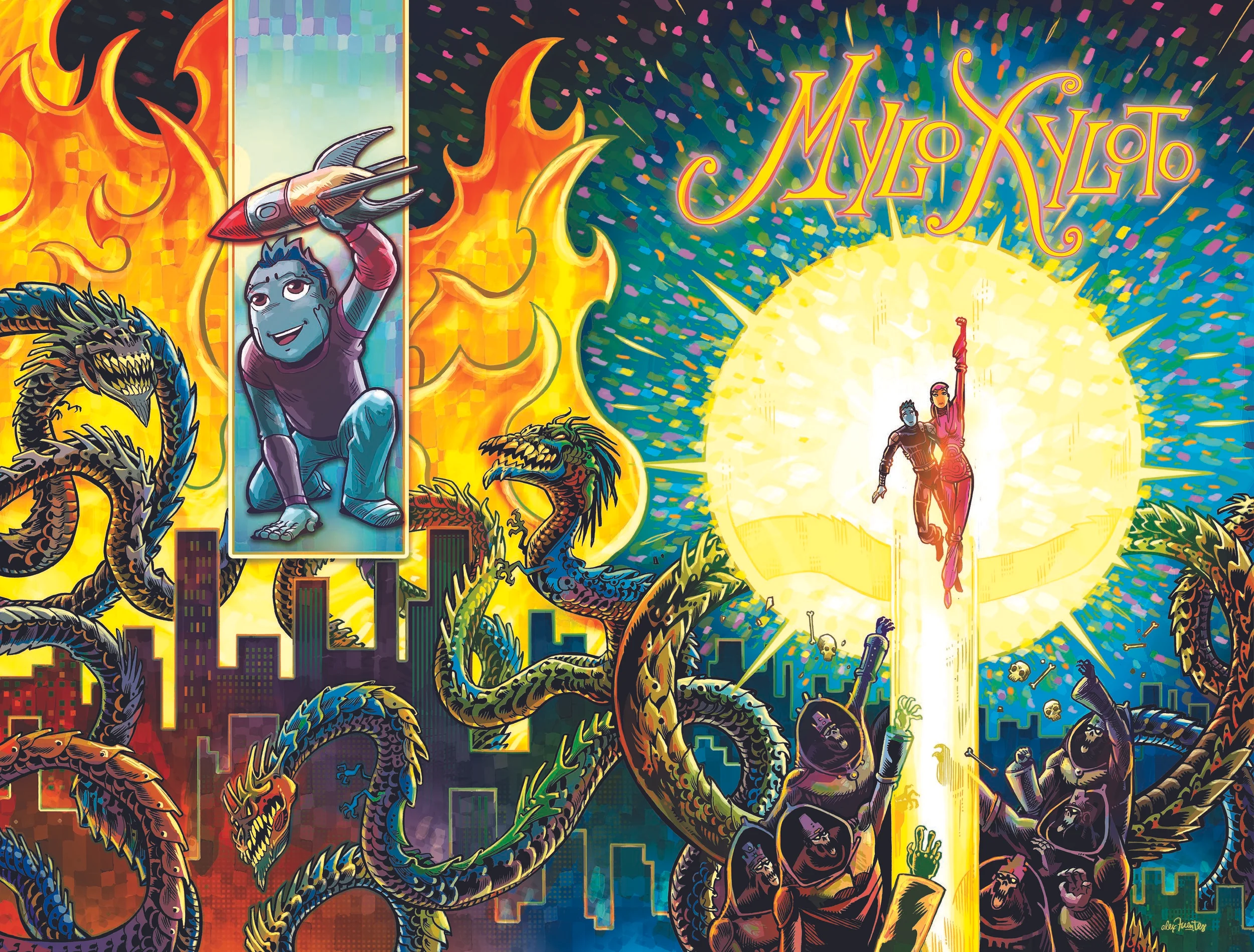 One of six 2-page spread cover images for the limited series of MYLO XYLOTO COMICS (co-created by Mark Osborne and Coldplay). This cover features artwork and color by Alex Fuentes, the sci-fi fantasy epic tells the tale of a musical graffiti rebellion in a dystopian world where color and music are forbidden.