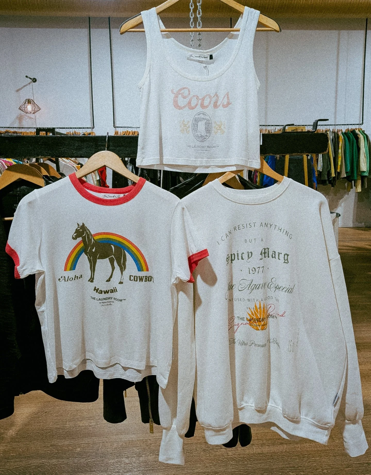 Do you like spicy Margs? Do you like crushing Coors on the weekend? Do you like gay horses?! Boy howdy, have we got the goods for you!!

Pop on in for some fun new graphic tees, tanks, and sweatshirts (all new-with-tags) 🛍️ 🐎🌈