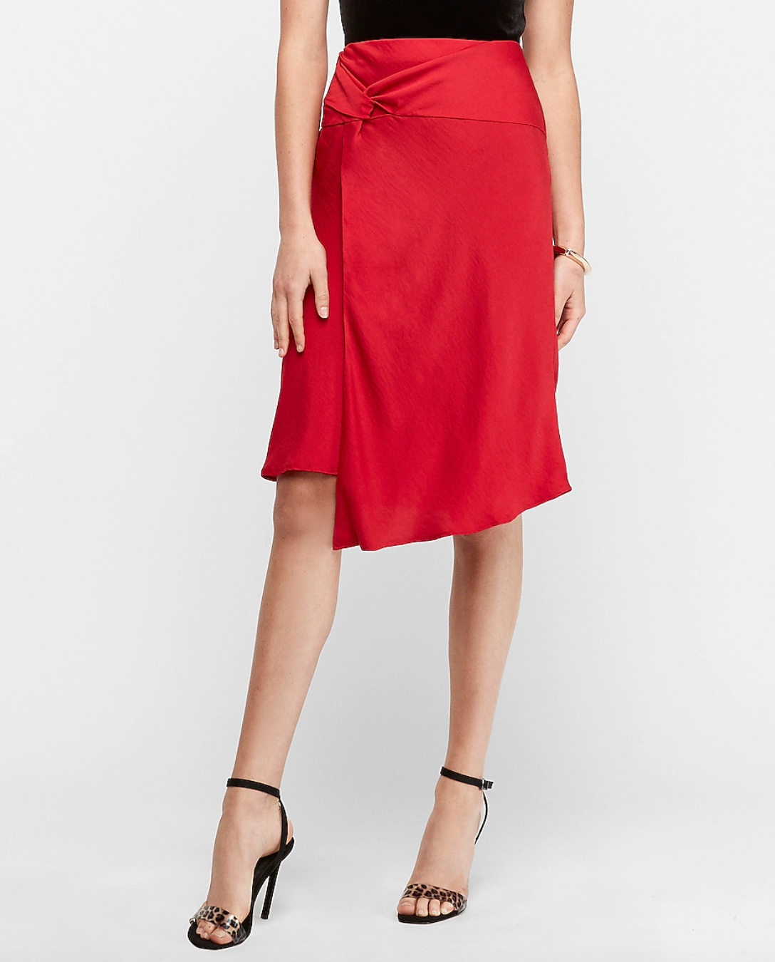High Waisted Satin Twist Front Skirt