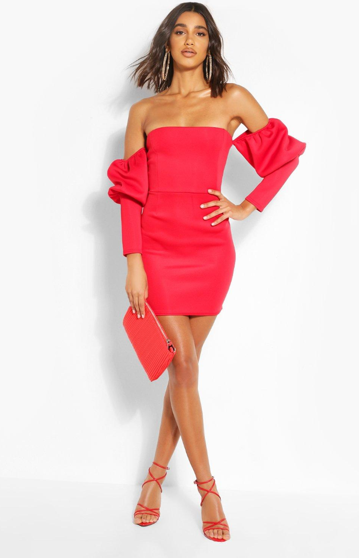 Puff Sleeve Bardot Mini Dress 