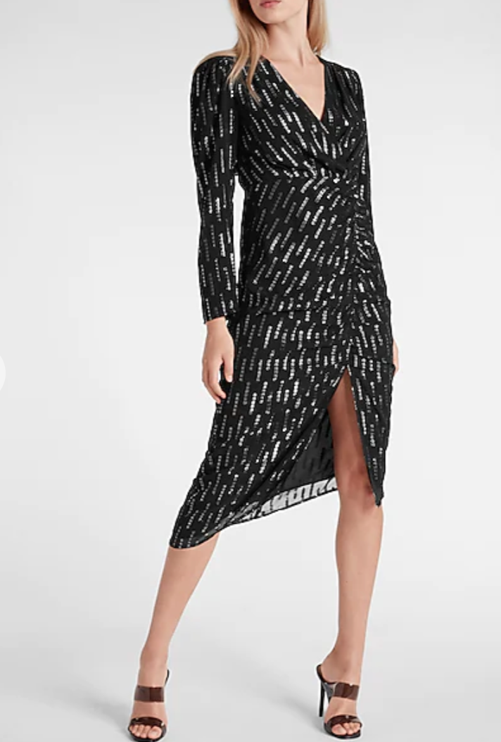 Metallic faux wrapped midi dress