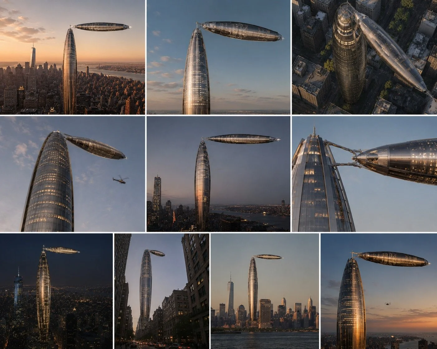An airship shaped as the building itself, docked to the Vertical Yacht Skyscraper by George Lucian #architecture #concept #deisgn #newyork