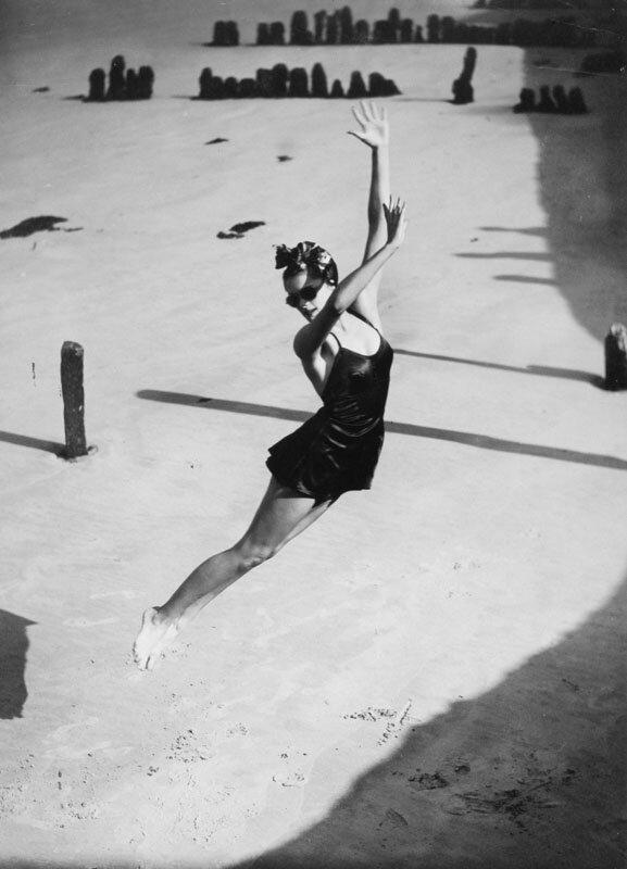 Jump, Pamela Minchin wearing a Fortnum & Mason Swimsuit, Isle of Wight for Harper’s Bazaar, July 1939