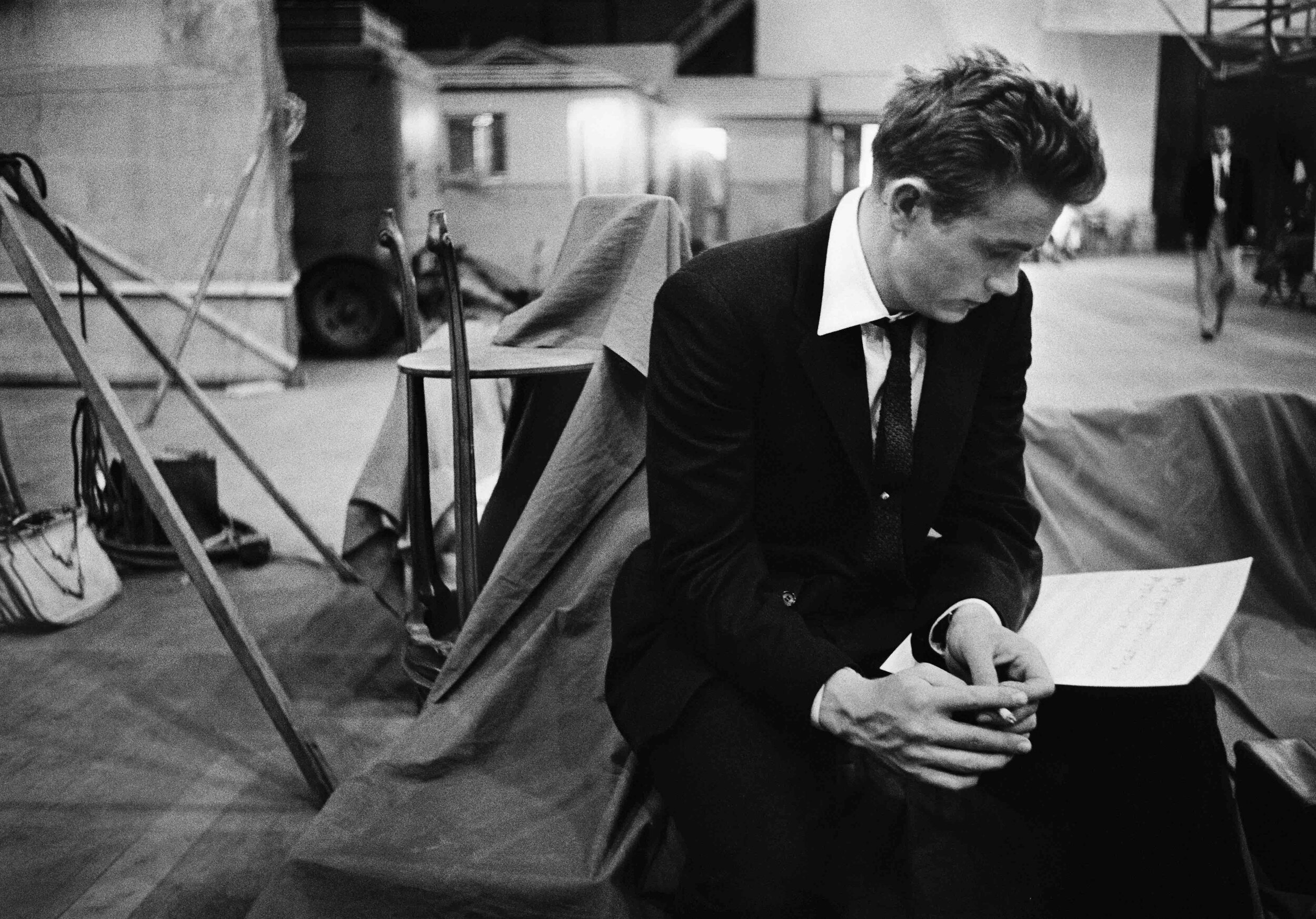 James Dean reading on the set of 'Rebel Without A Cause', 1955