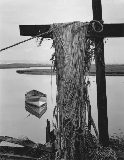 Salmon net drying rack at Greatham Creek, 1973 by Ian Macdonald