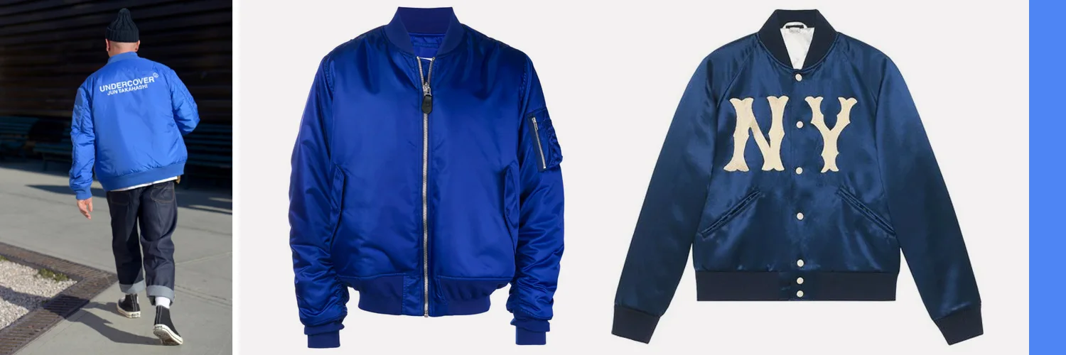 Mid": Maison Margiela padded bomber jacket, $1,040 Right: Gucci jacket with Yankees patch, $2,840, available at Farfetch.com